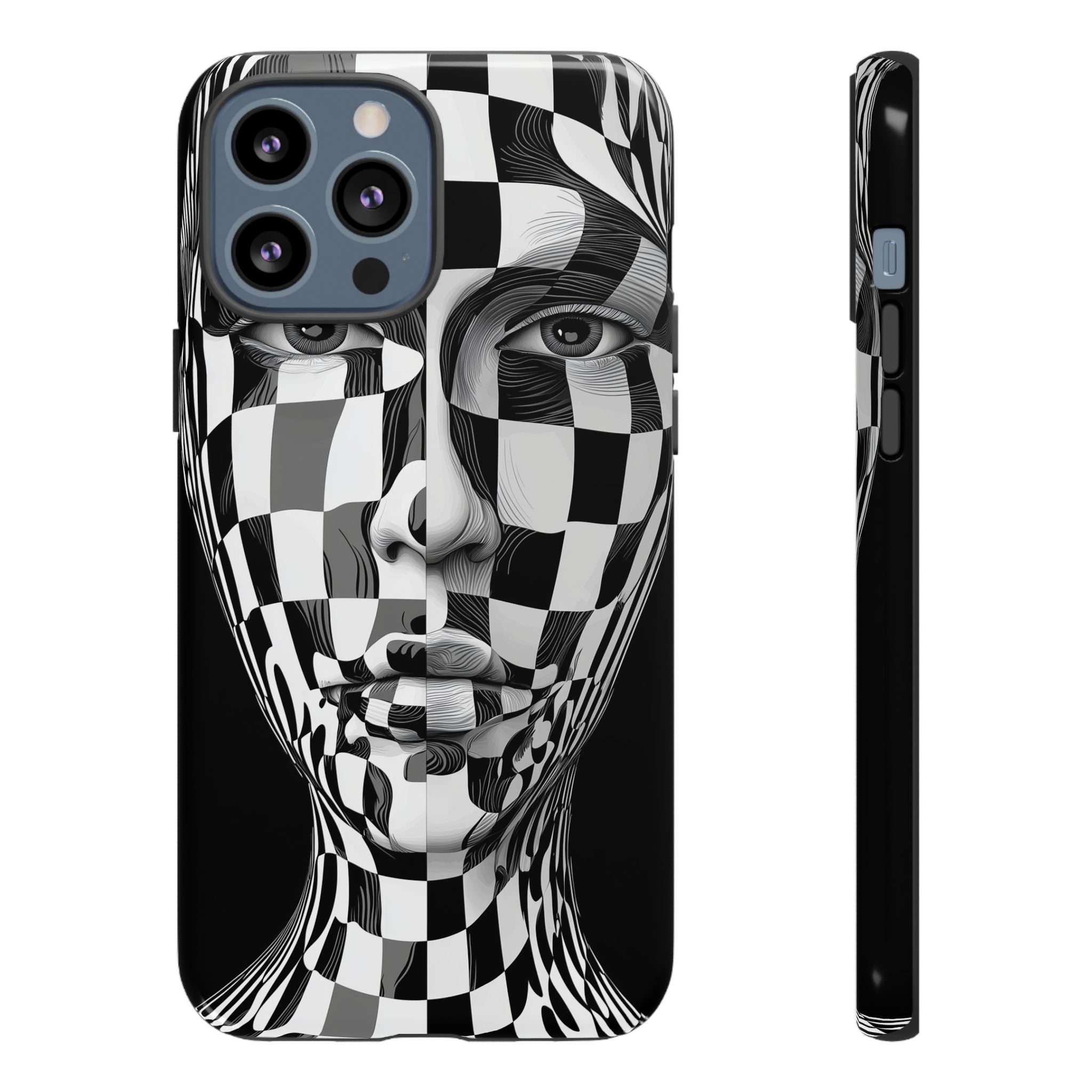Checkerboard Face Tough iPhone Case — Black & White Surreal Art Protective Cover