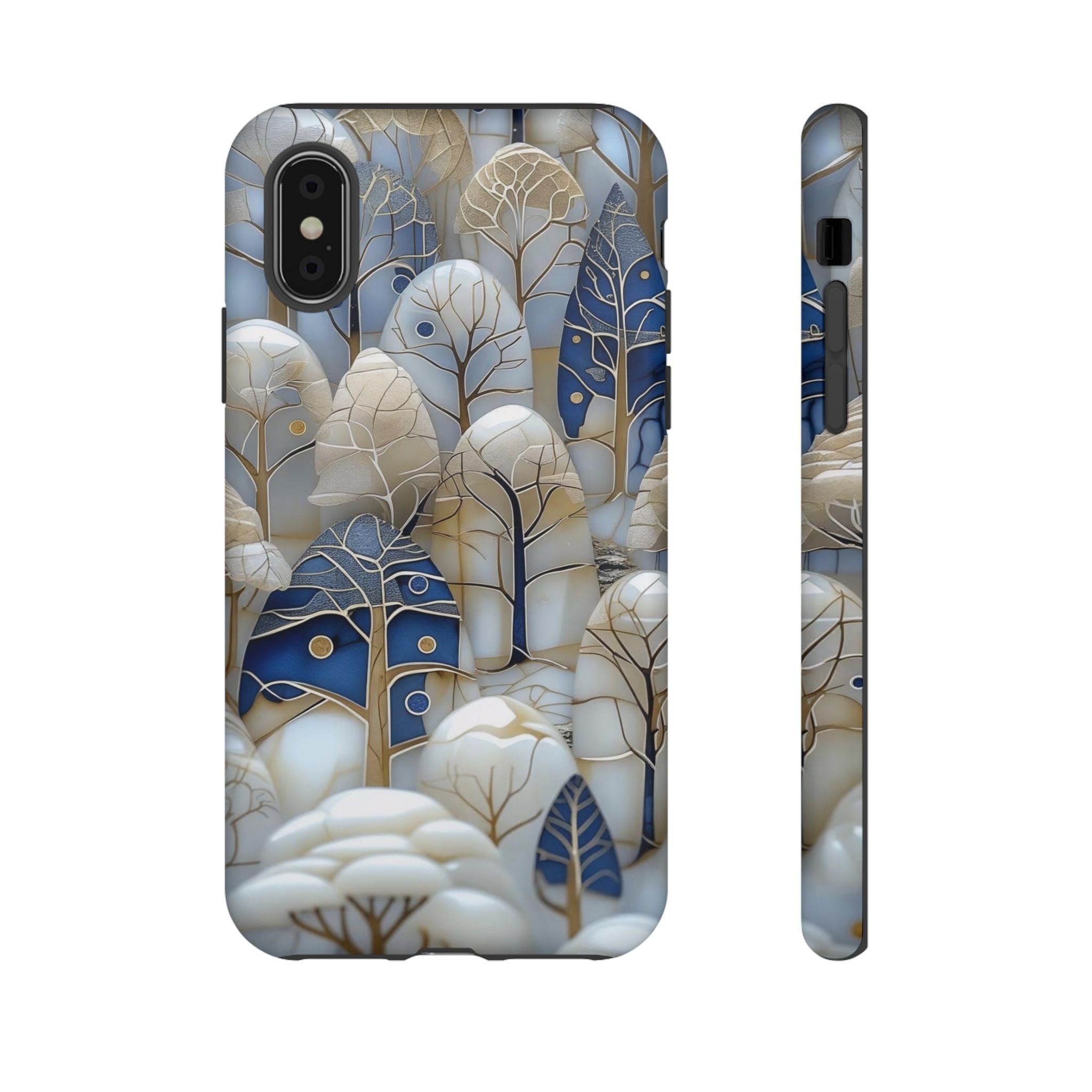Blue Gold Winter Forest iPhone Case — Elegant Tree Pattern Tough Case