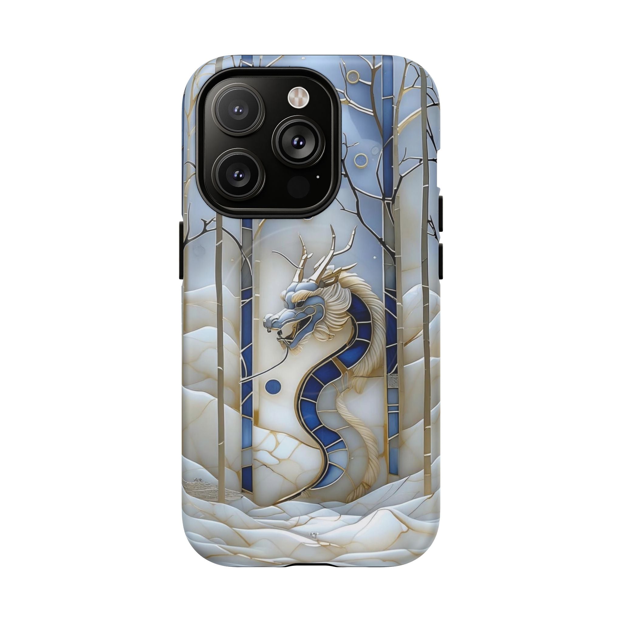 Dragon Stained Glass Tough MagSafe Phone Case — Blue & Ivory Medieval Art
