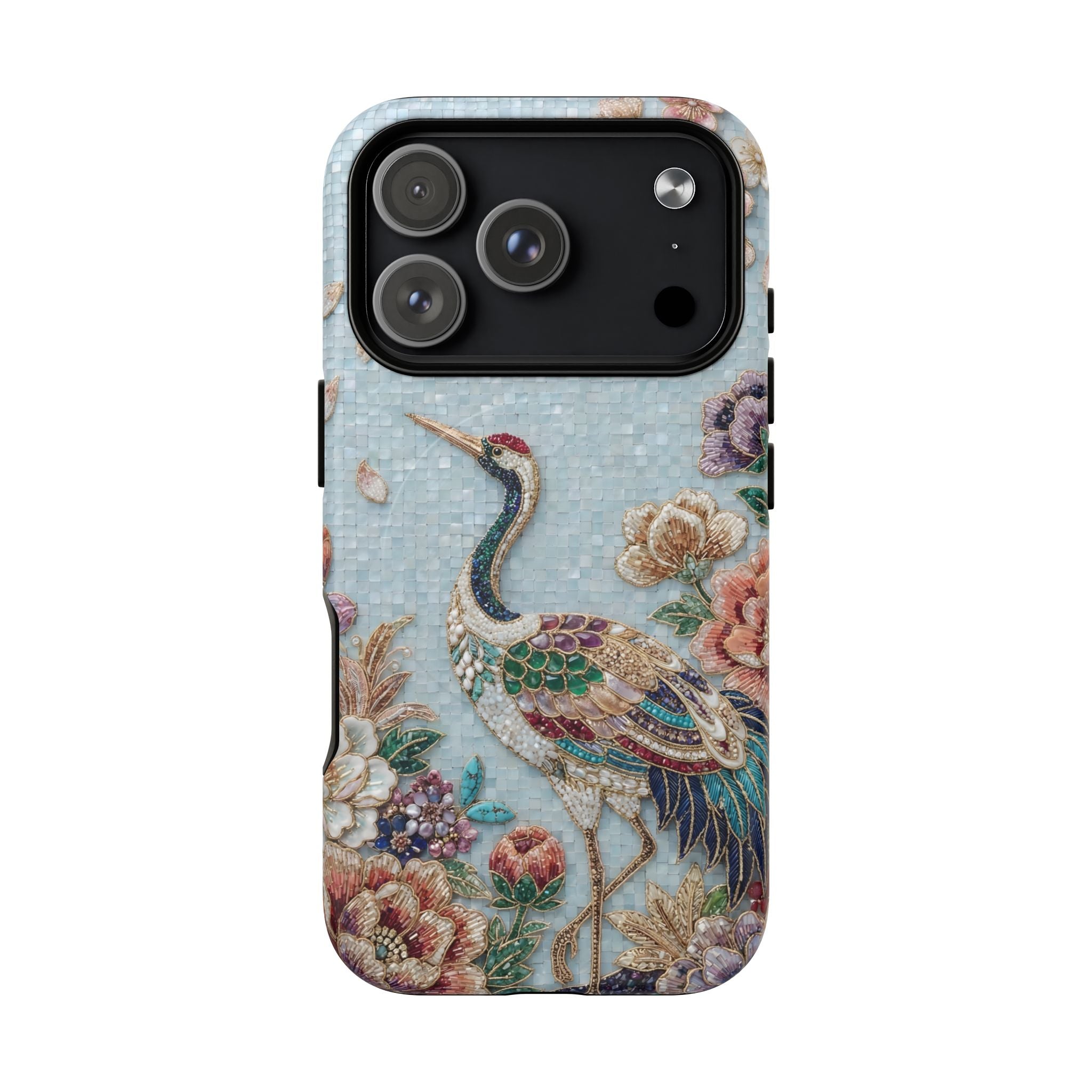 Floral Crane Tough MagSafe iPhone Case | Vintage Embroidered Bird Protection