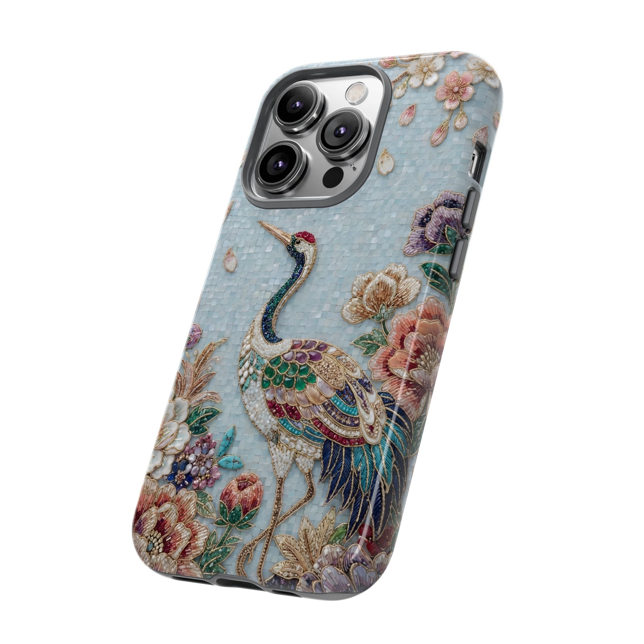 Floral Crane Tough iPhone Case | Vintage Embroidered Bird Protection