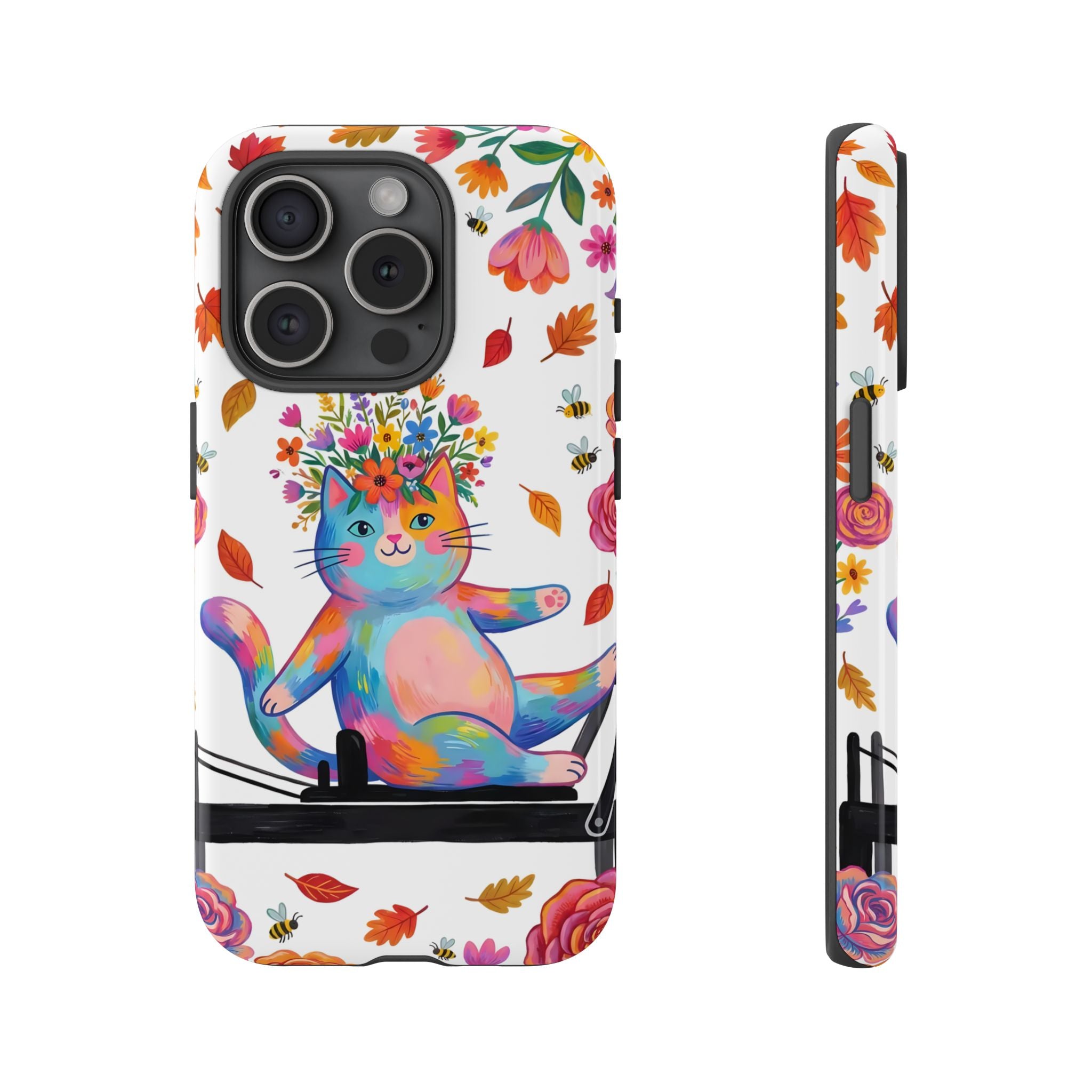 Colorful Floral Cat on Pilates Reformer Protective iPhone Case