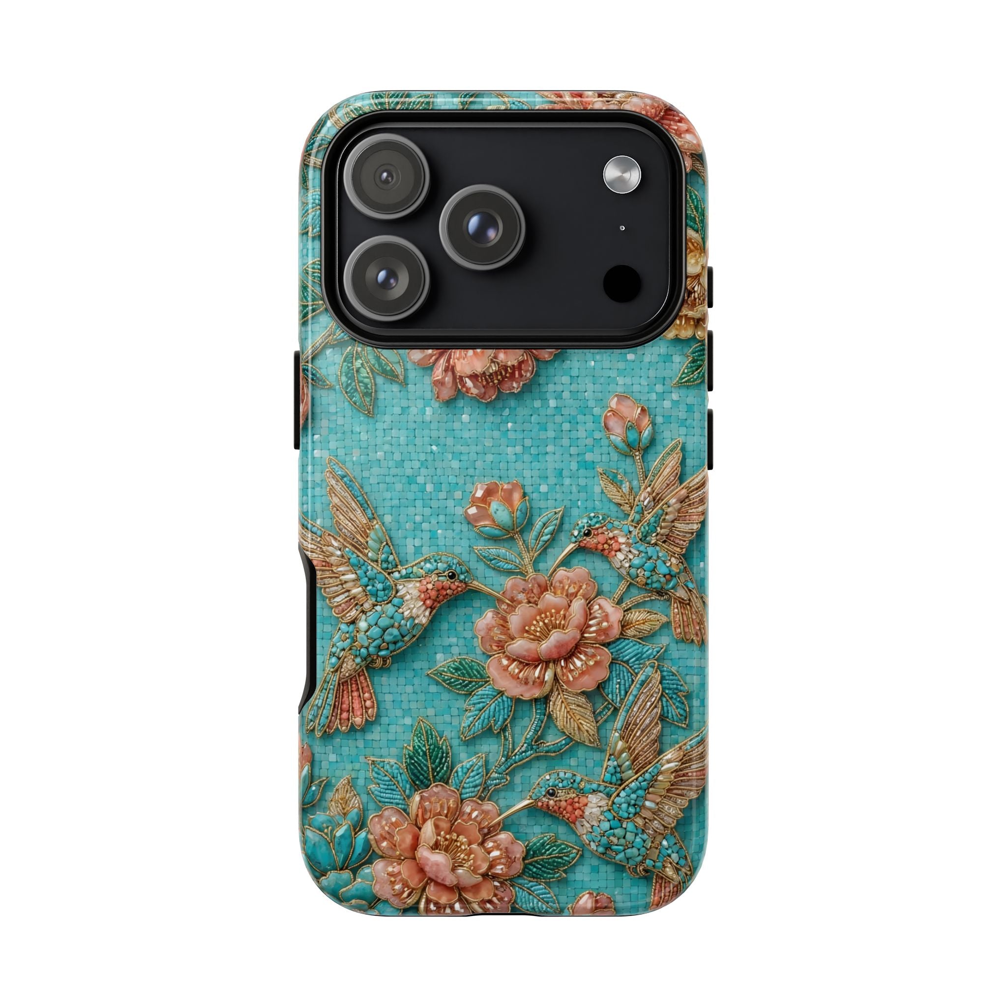 Floral Hummingbird Tough iPhone Case | Turquoise Embroidered Garden Design