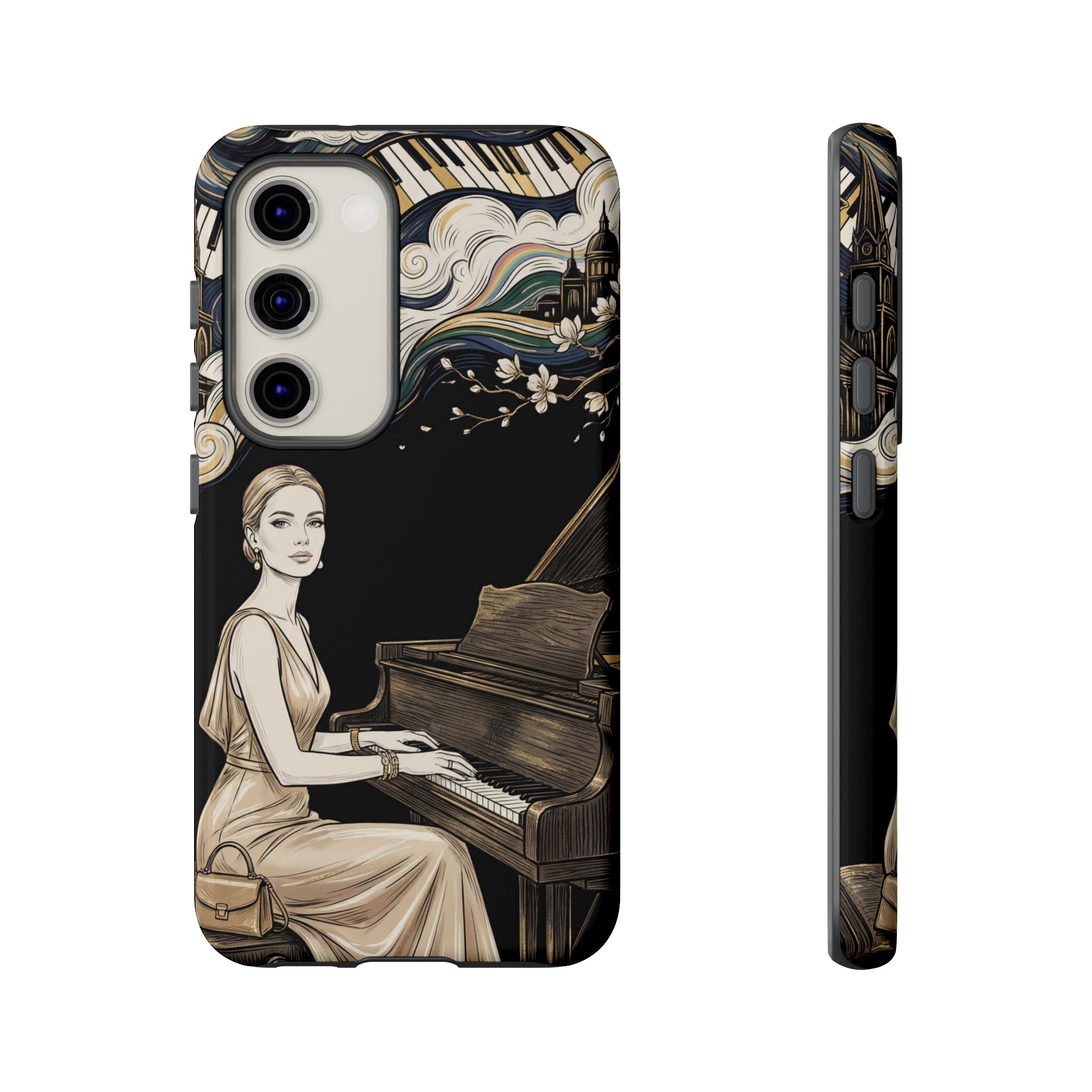Elegant Piano Woman Samsung Galaxy Phone Case | Vintage Art Deco Music Design