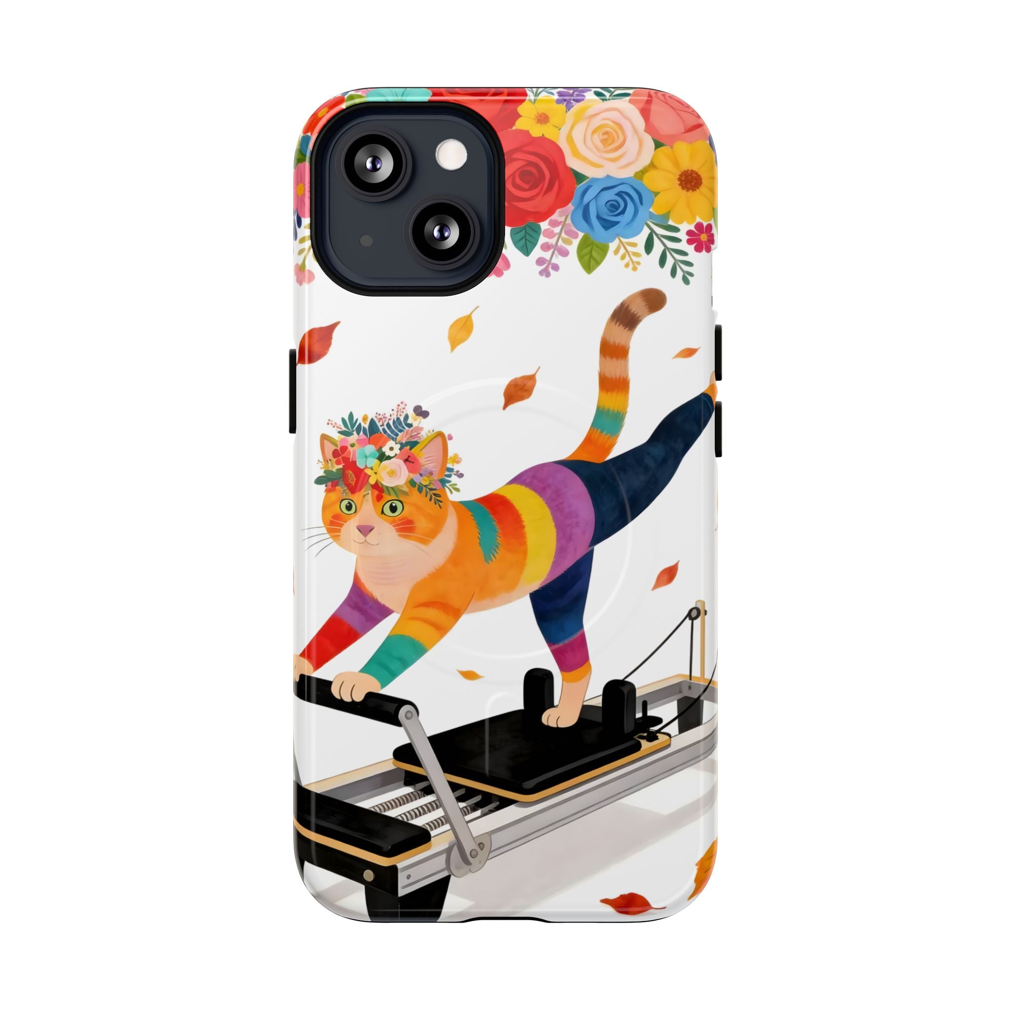 Cat Pilates MagSafe iPhone Case | Floral Rainbow Cat on Reformer