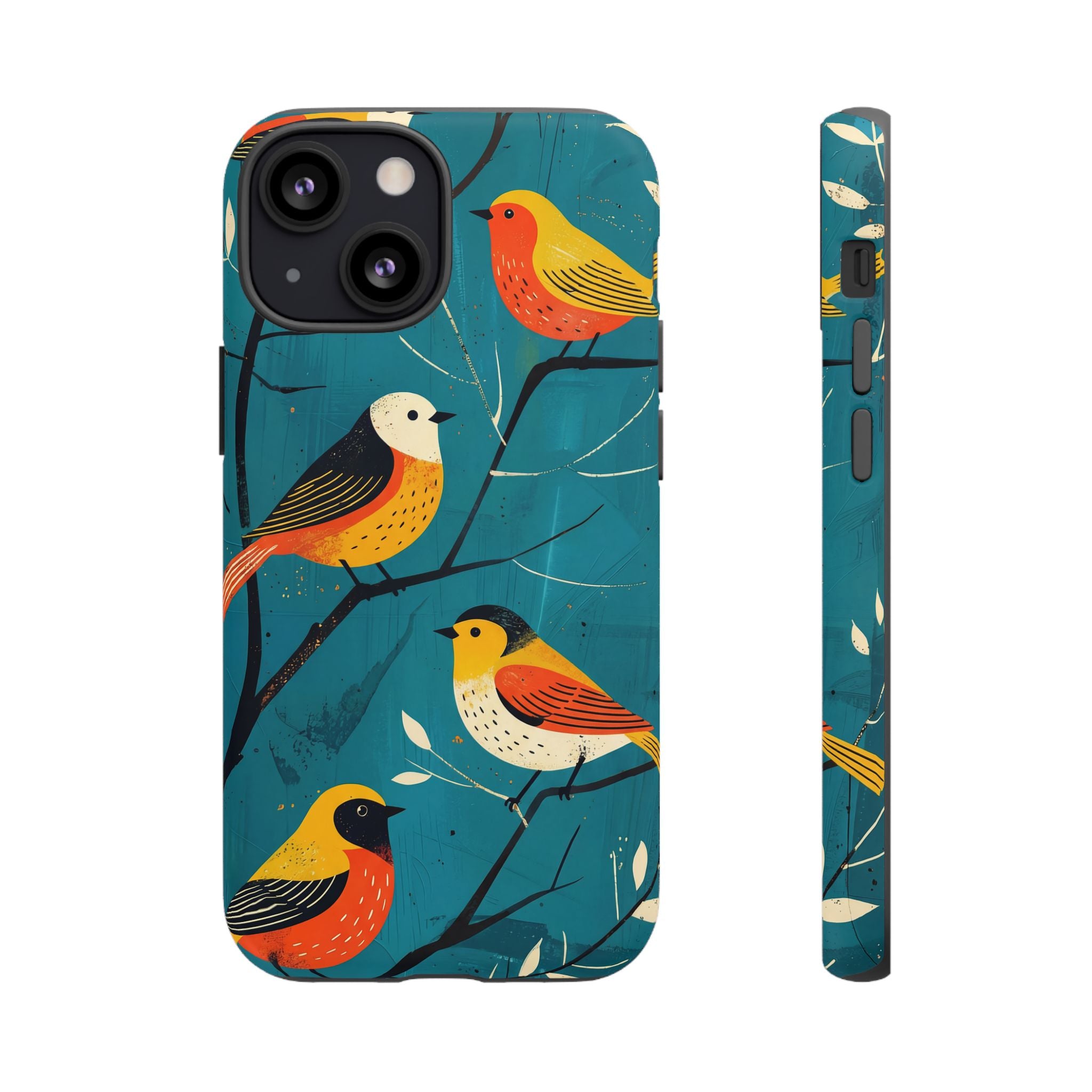 Bird Pattern Tough iPhone Case | Colourful Songbirds on Teal Background