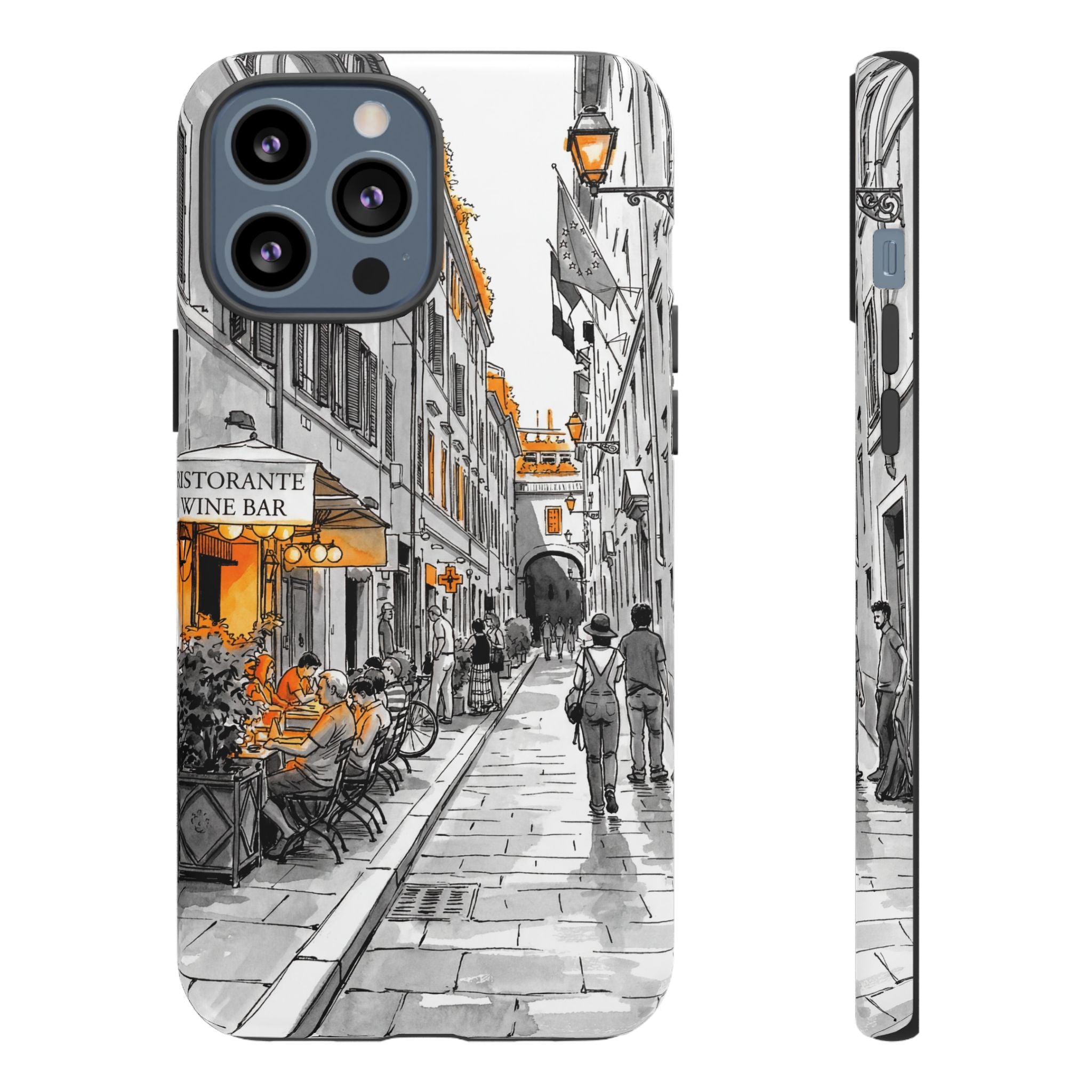 Vintage Italy Street iPhone Case | Black & White Sketch with Orange Accent