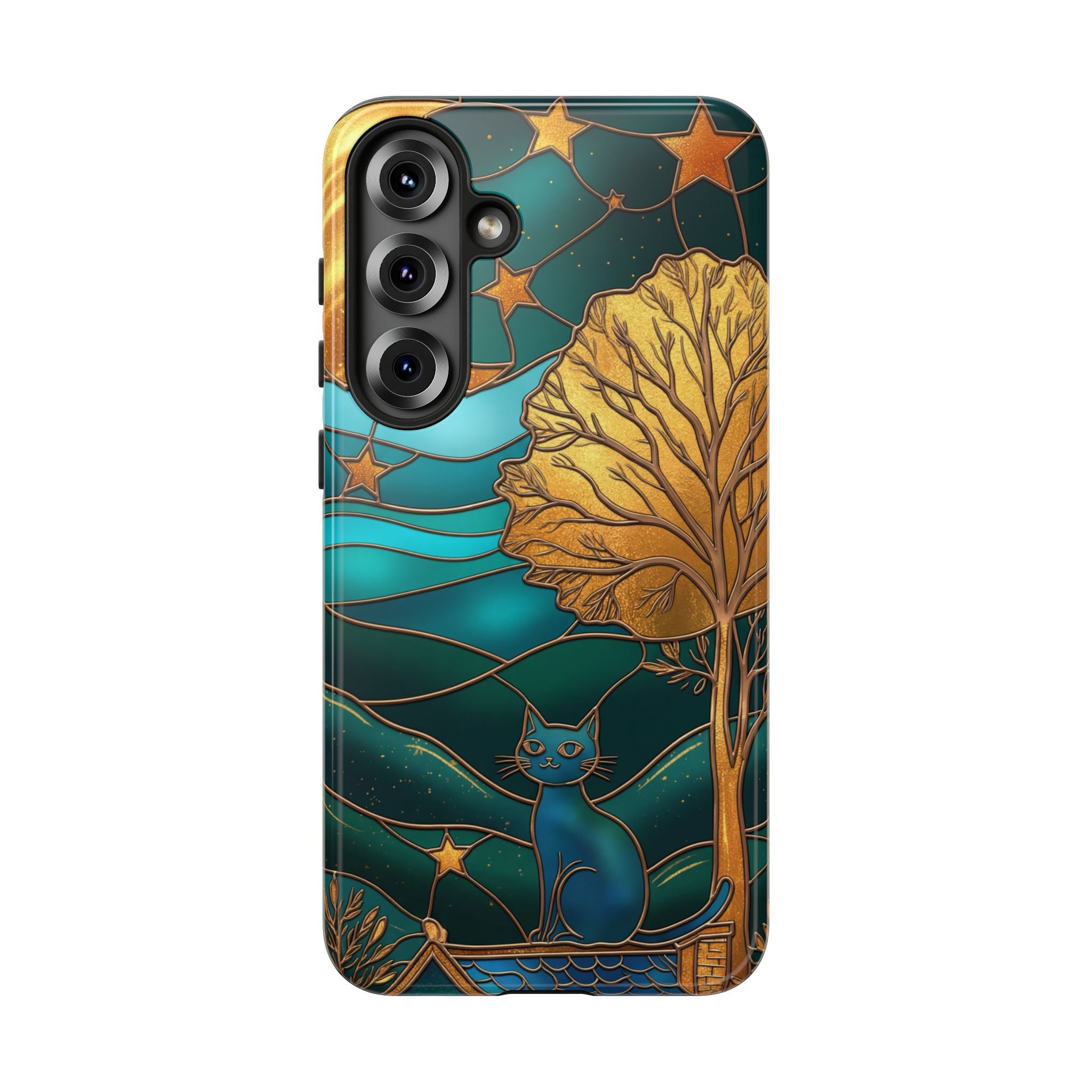 Stained Glass Cat Tough Samsung Galaxy Case | Gold Tree & Starry Night Design