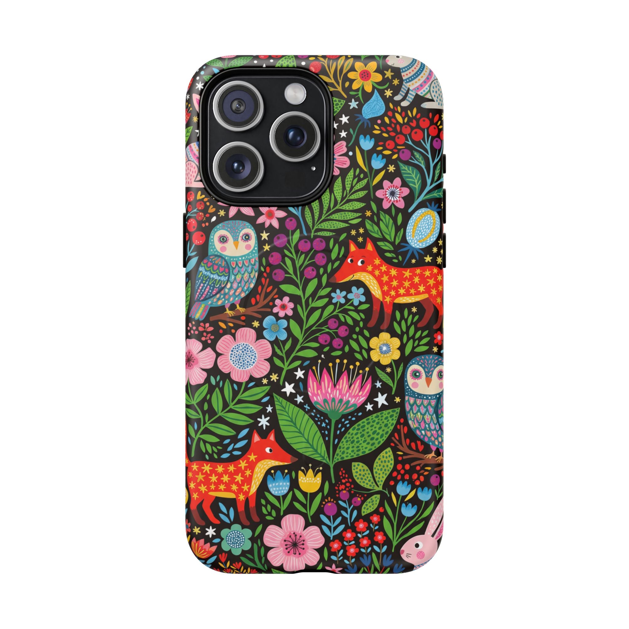 Floral Woodland MagSafe iPhone Case | Colourful Fox & Owl Protective Cover