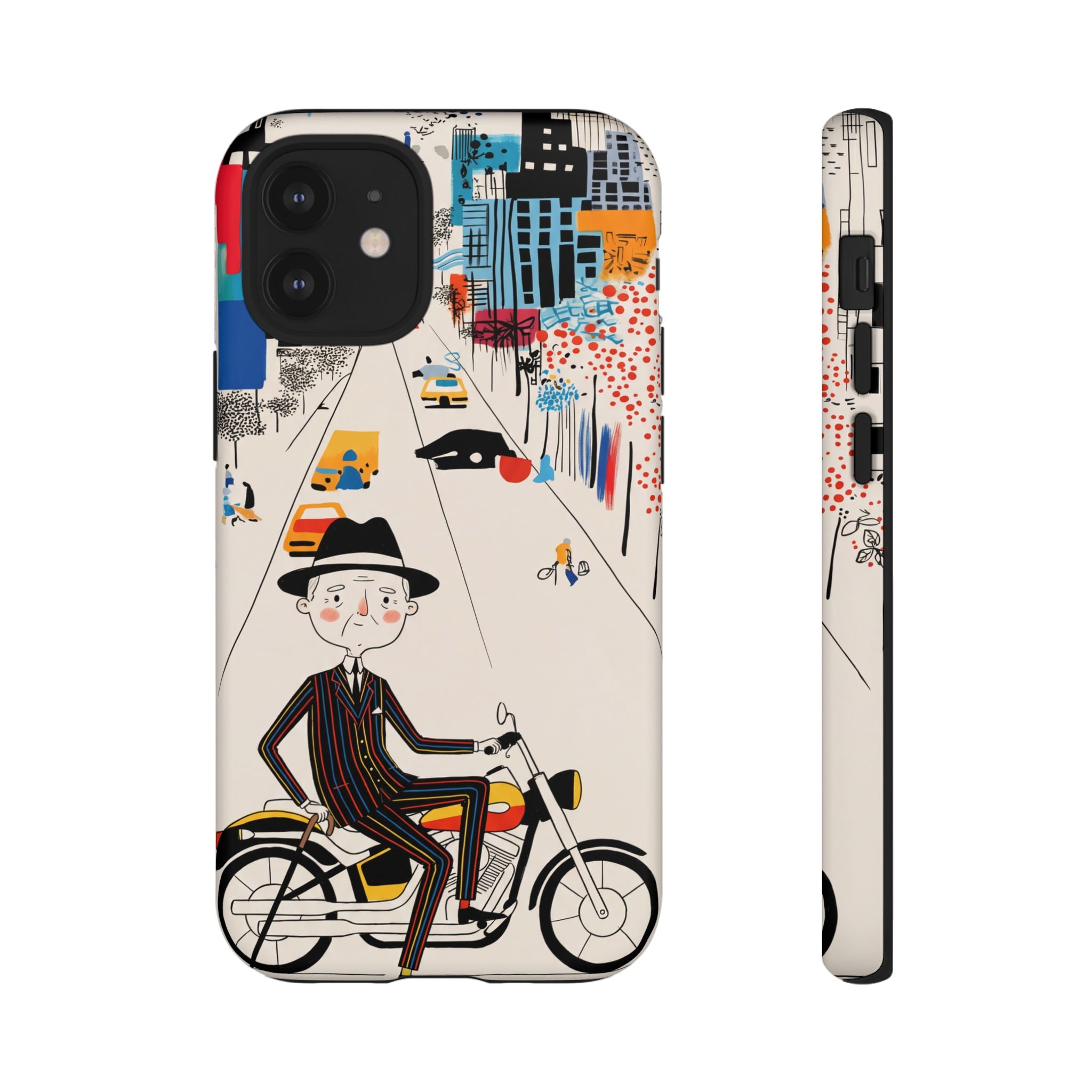 Vintage Grandpa Rider Motorcycle iPhone Case | Illustrated Cityscape