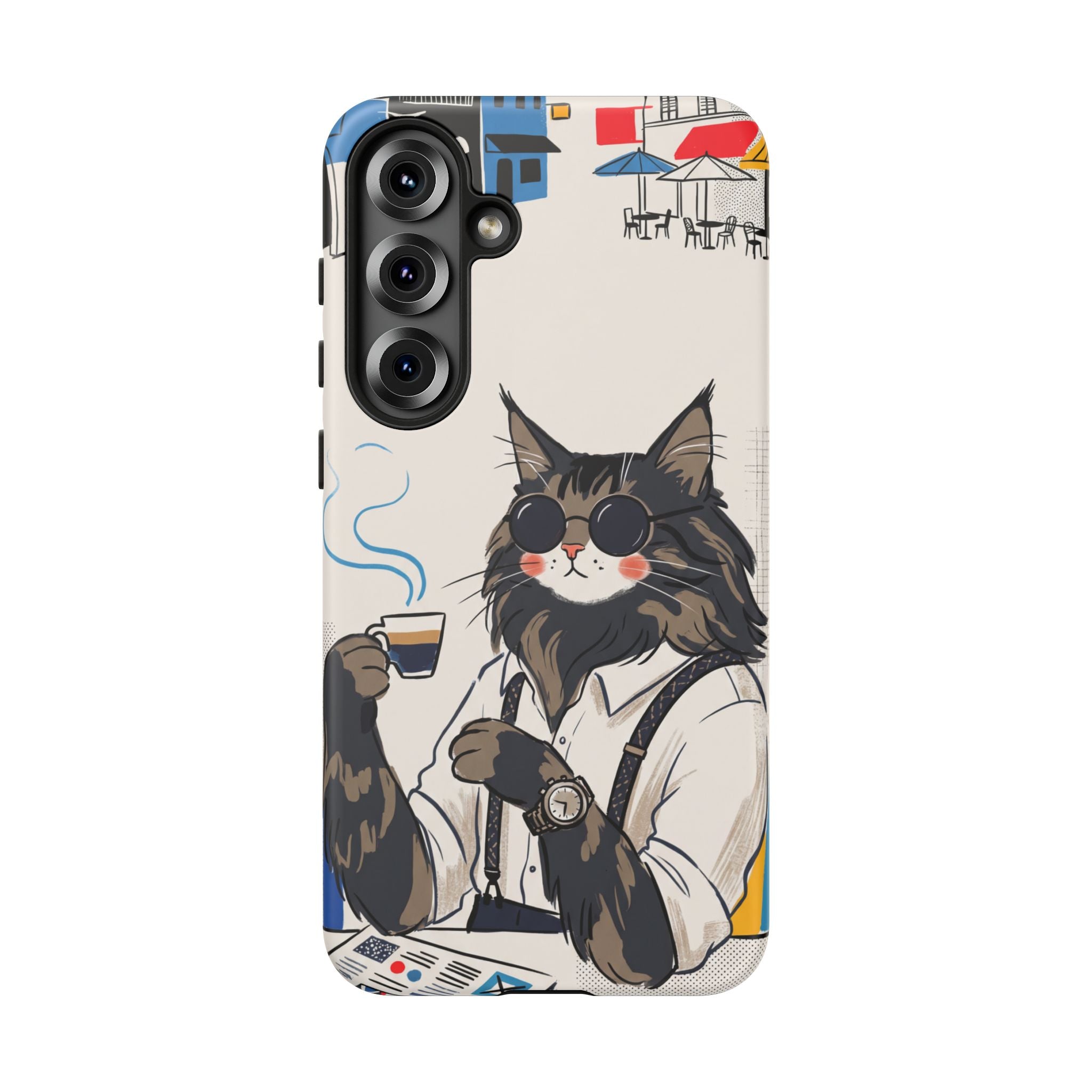 Cat Barista Samsung Galaxy Phone Case | Cool Cat in Sunglasses Coffee Shop Design