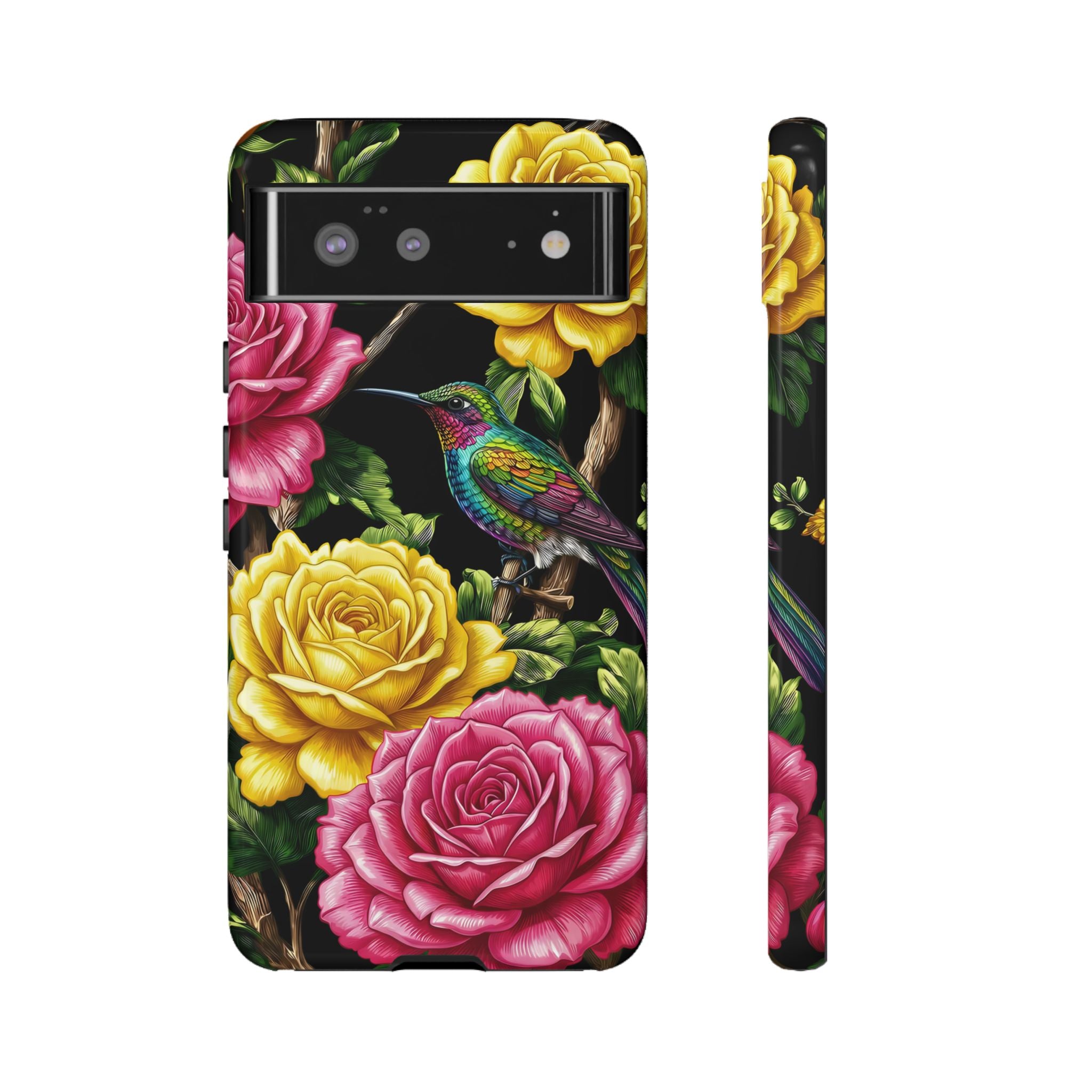 Floral Hummingbird Tough Google Pixel Phone Case | Vibrant Rose & Yellow Garden Protection