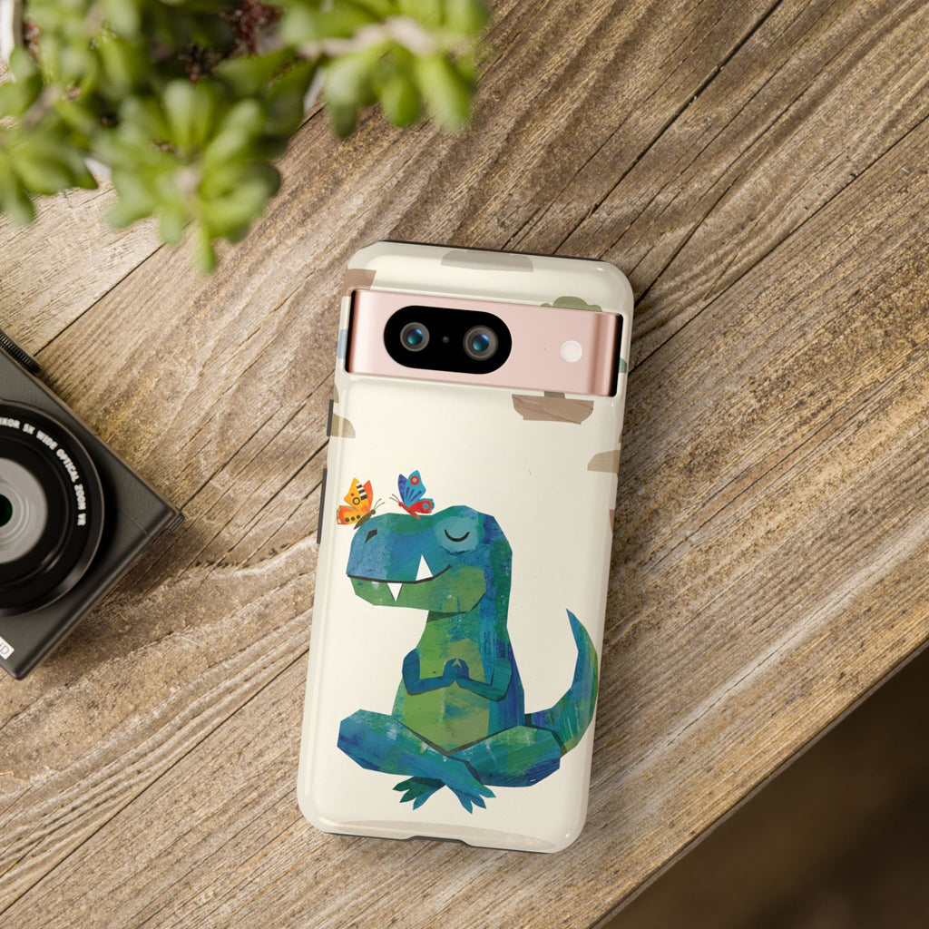Meditating Dinosaur Google Pixel Phone Case | Cute T-Rex with Butterflies and Bonsai