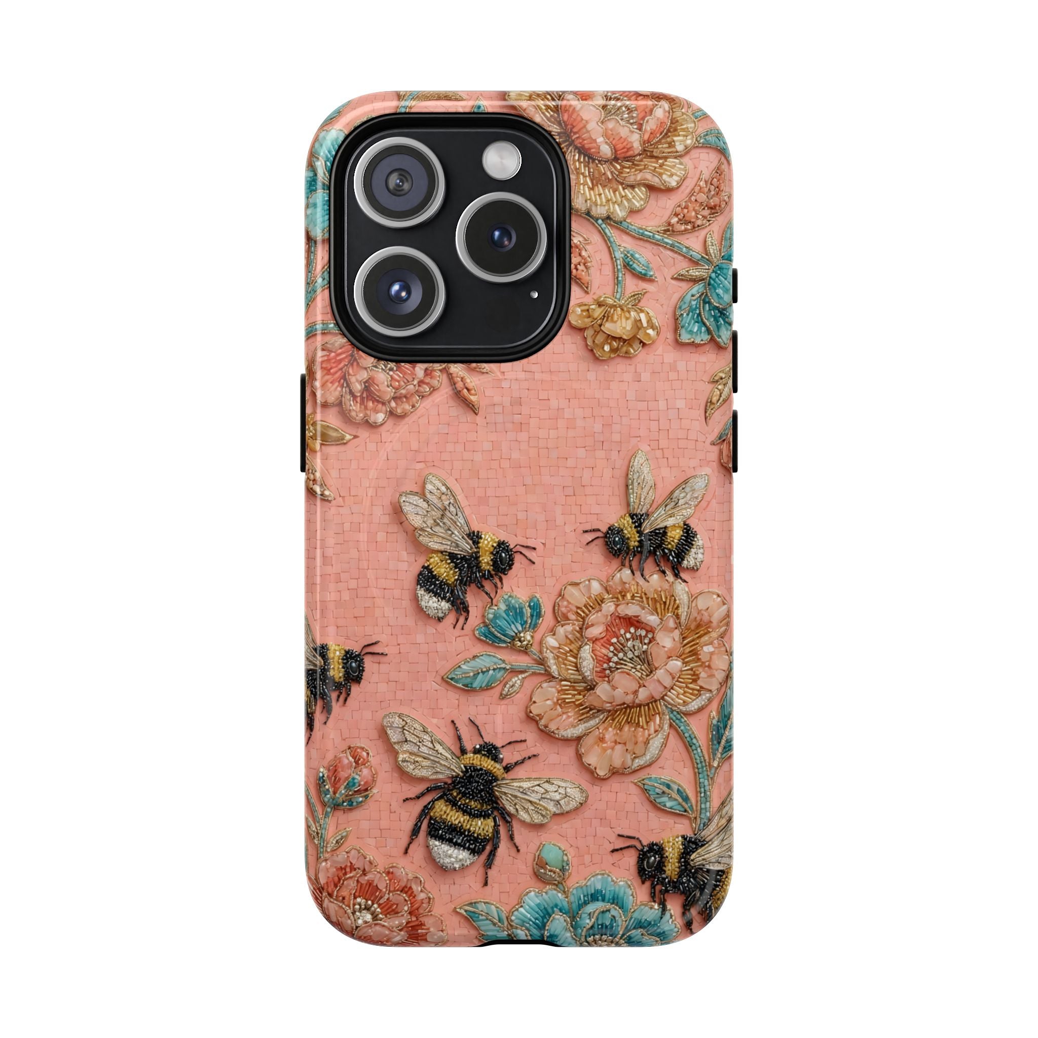 Floral Bee Tough MagSafe iPhone Case | Vintage Pink Garden Protective Cover