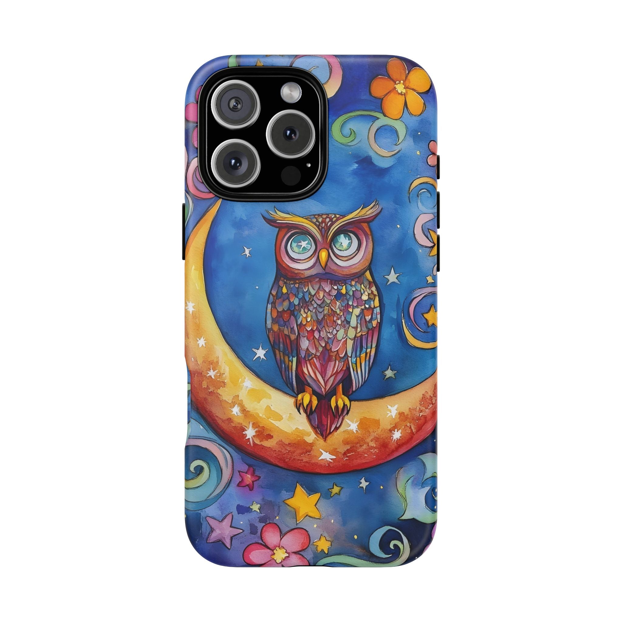Owl on Crescent Moon iPhone Case — Colourful Whimsical Night Sky Design