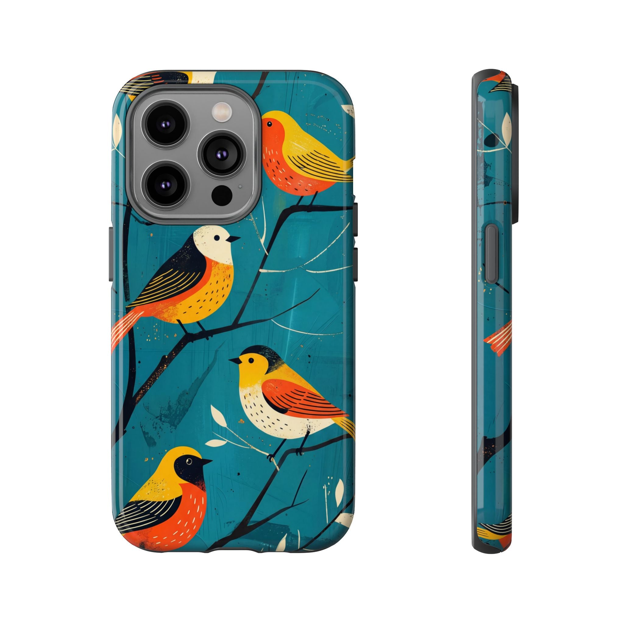 Bird Pattern Tough iPhone Case | Colourful Songbirds on Teal Background