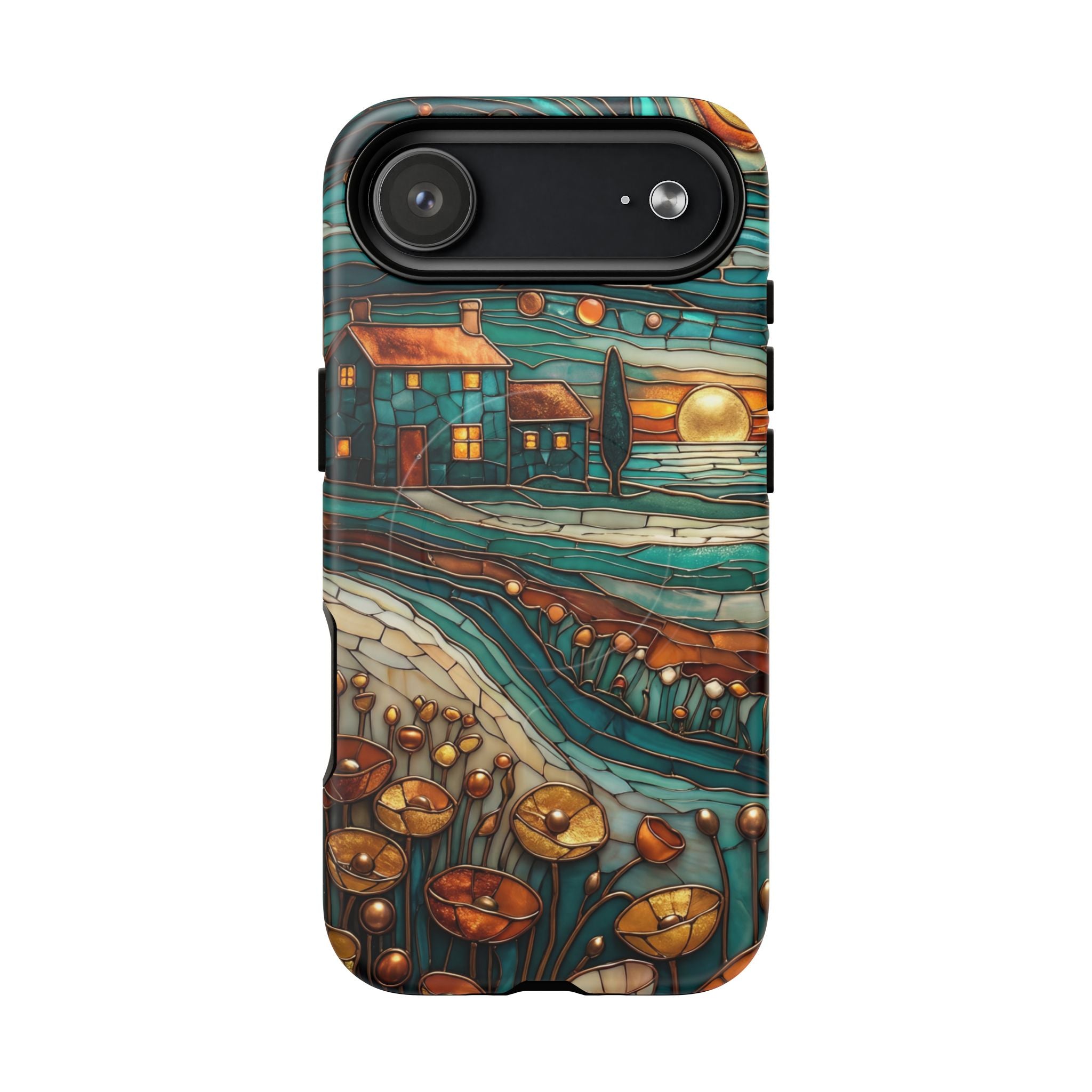 Custodia per telefono MagSafe resistente con paesaggio rustico al tramonto | Custodia protettiva artistica color verde acqua e rame