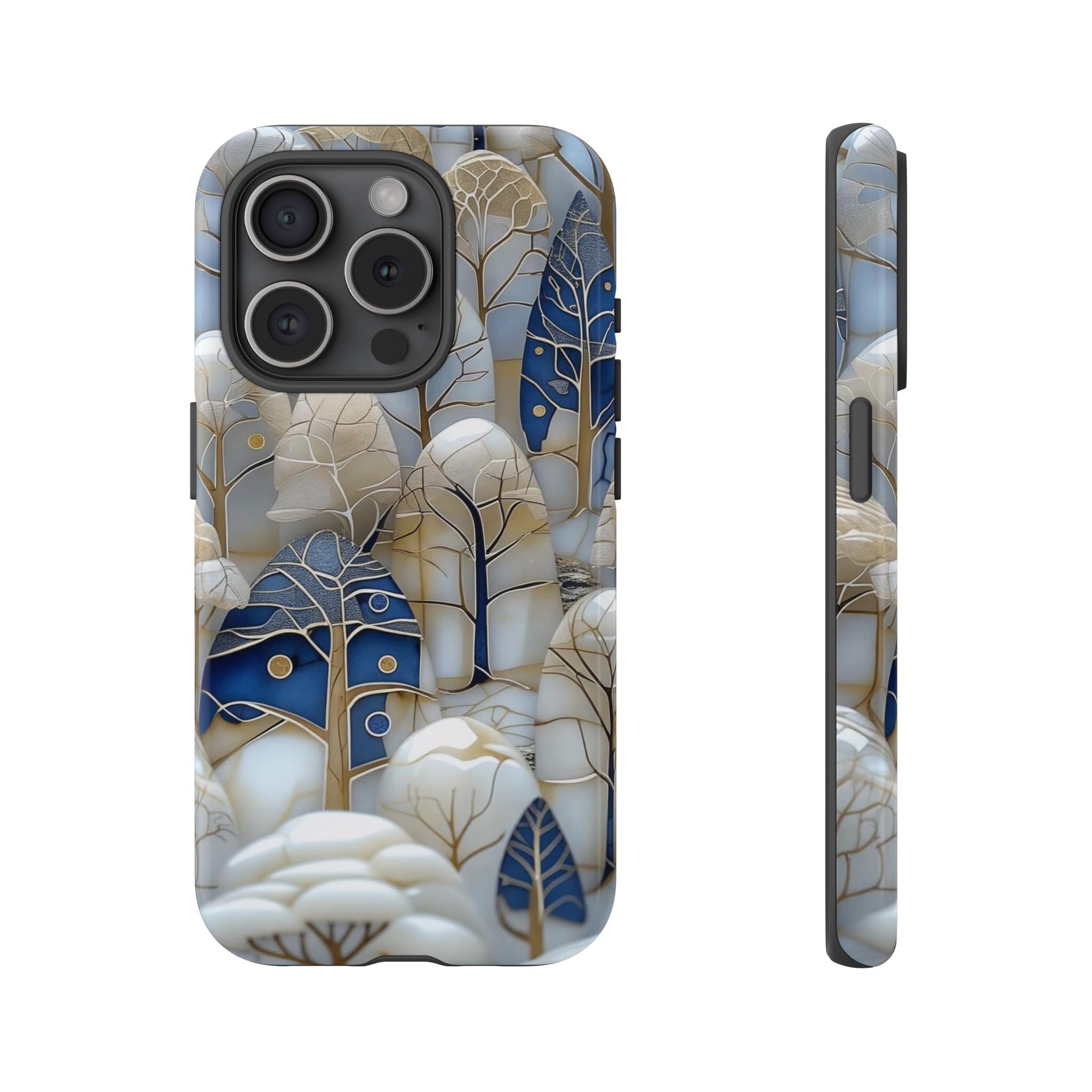 Blue Gold Winter Forest iPhone Case — Elegant Tree Pattern Tough Case