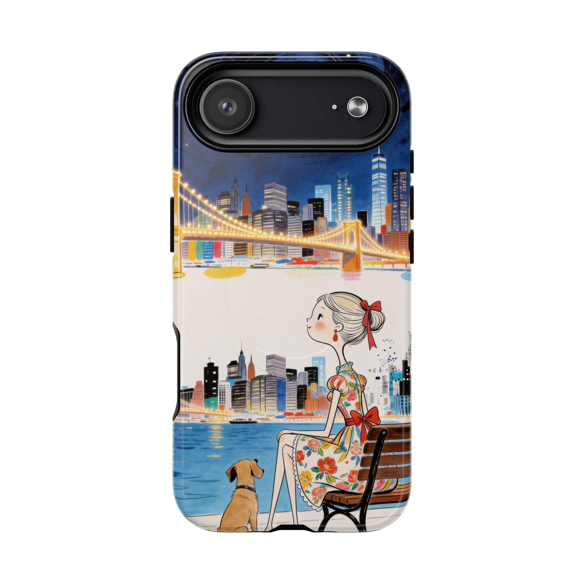 City Night MagSafe iPhone Case | Cute Girl & Dog Bench Illustration