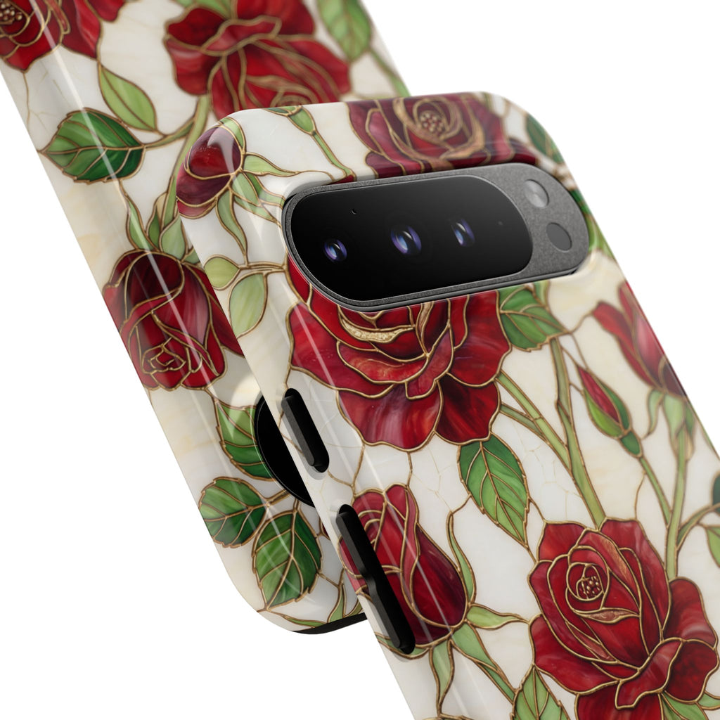 Custodia rigida per Google Pixel con motivo floreale vintage a rosa rossa