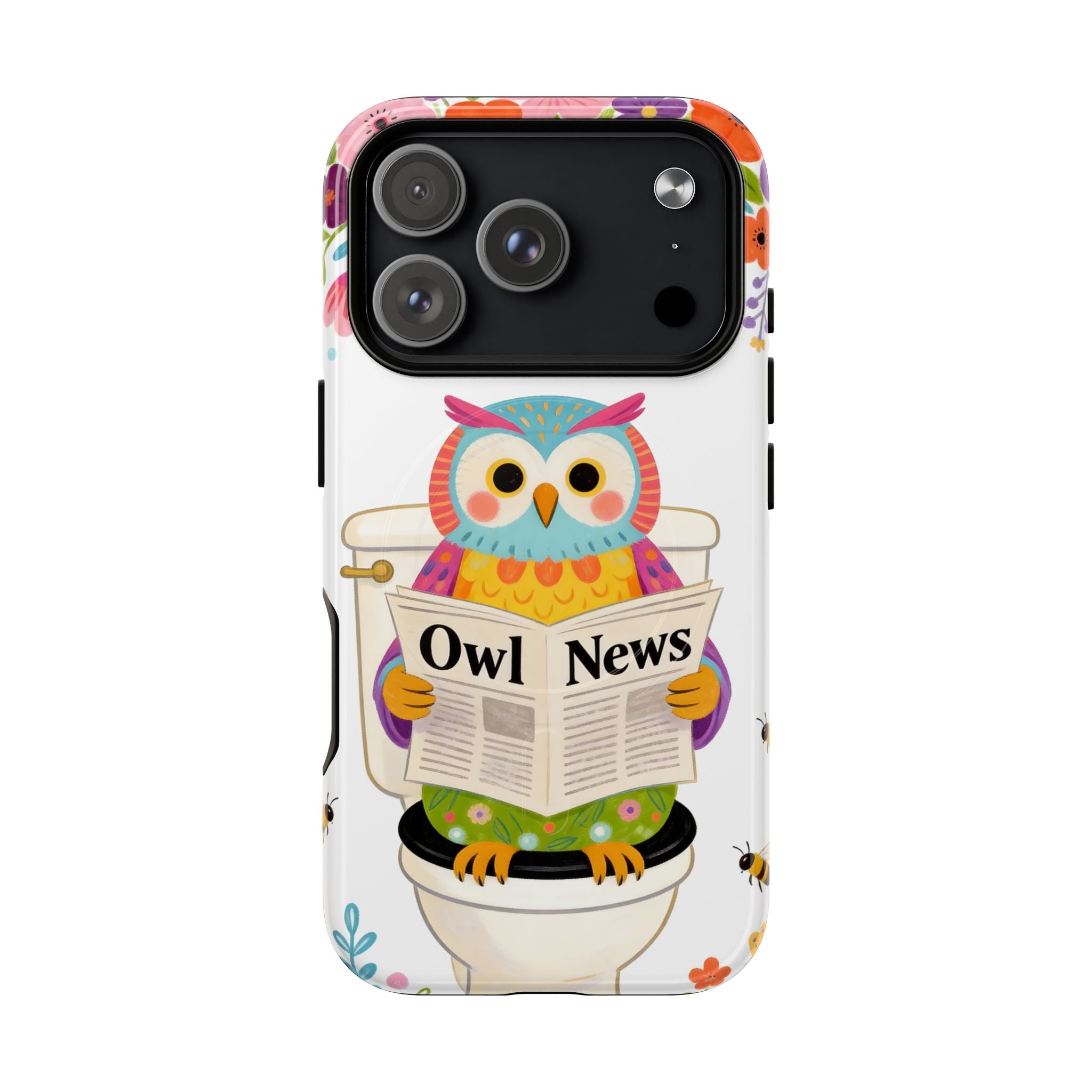 Owl News Floral MagSafe iPhone Case | Cute Owl Reading Newspaper on Toilet