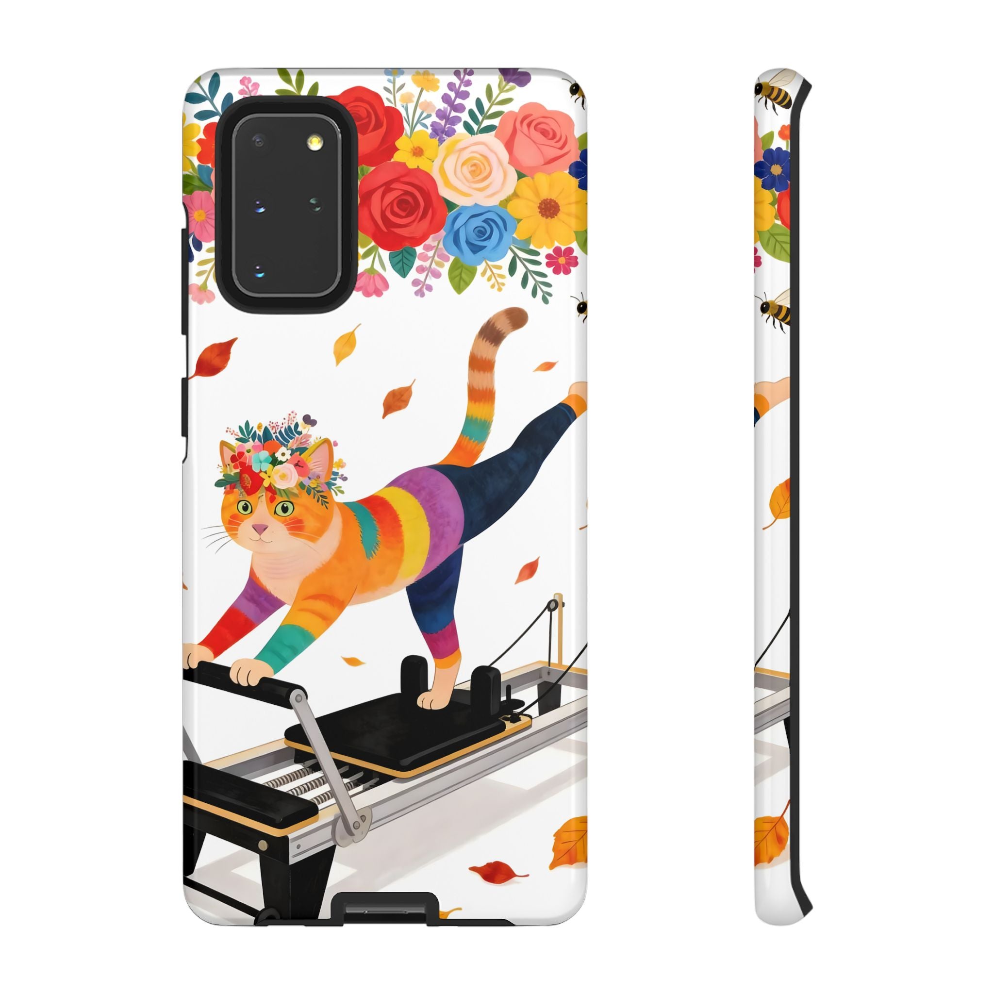 Cat Pilates Samsung Galaxy Phone Case | Floral Rainbow Cat on Reformer