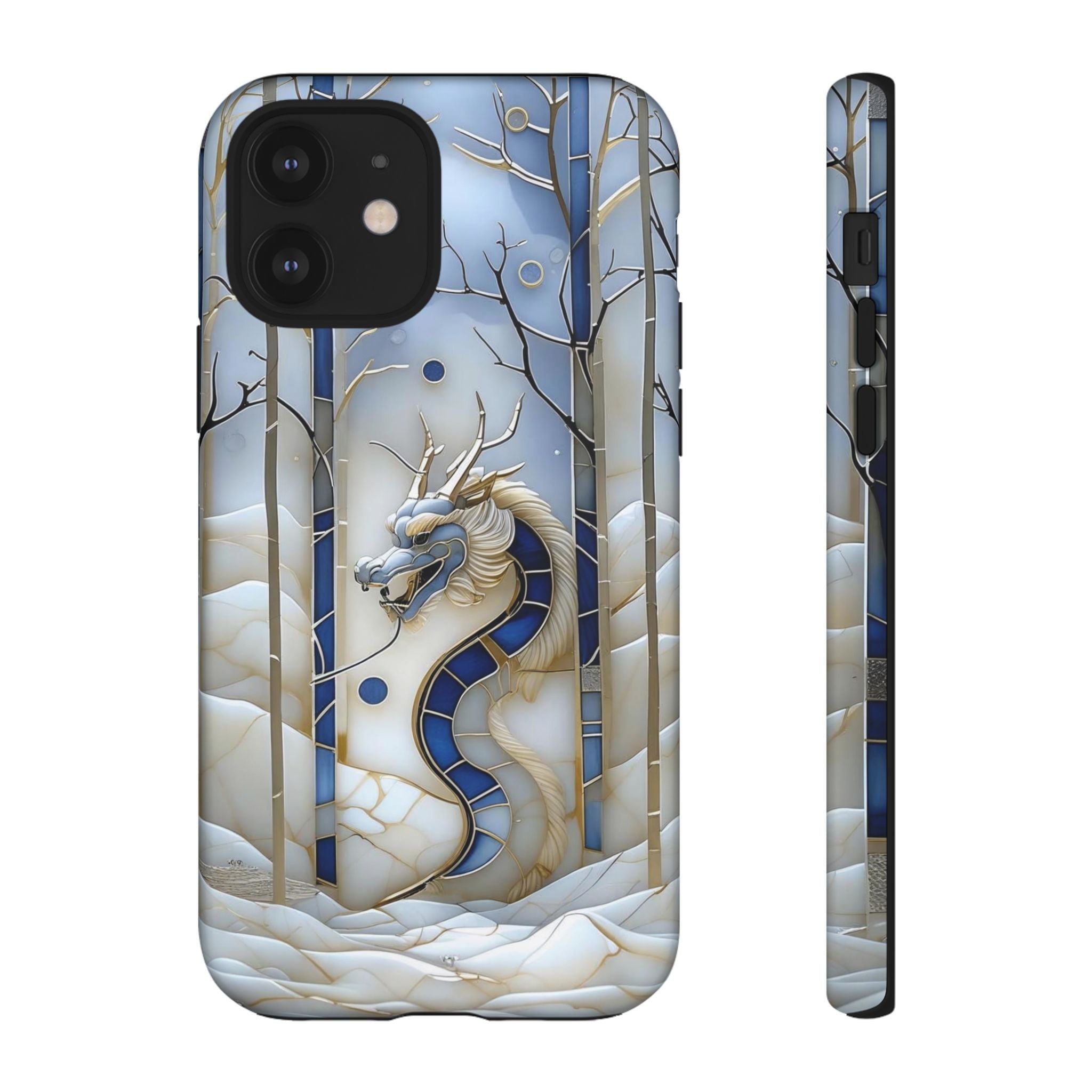 Dragon Stained Glass iPhone Case — Blue Winter Forest Protective Cover