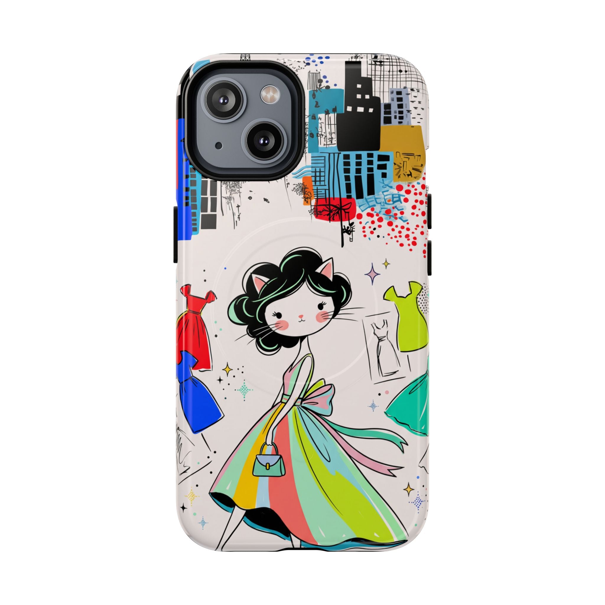 Retro Fashion Cat Girl MagSafe iPhone Case | Cute Dress & City Print