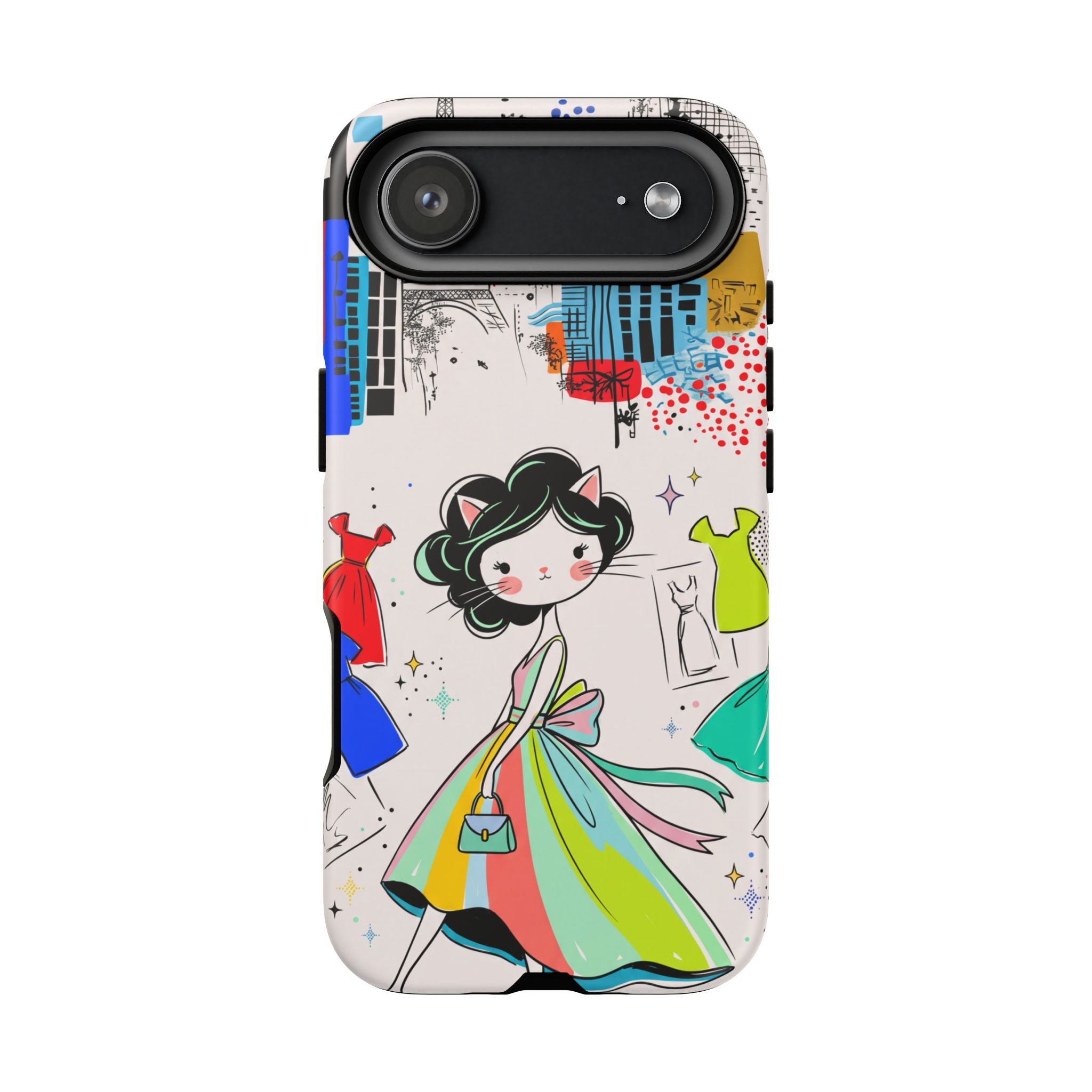 Retro Fashion Cat Girl iPhone Case | Cute Dress & City Print