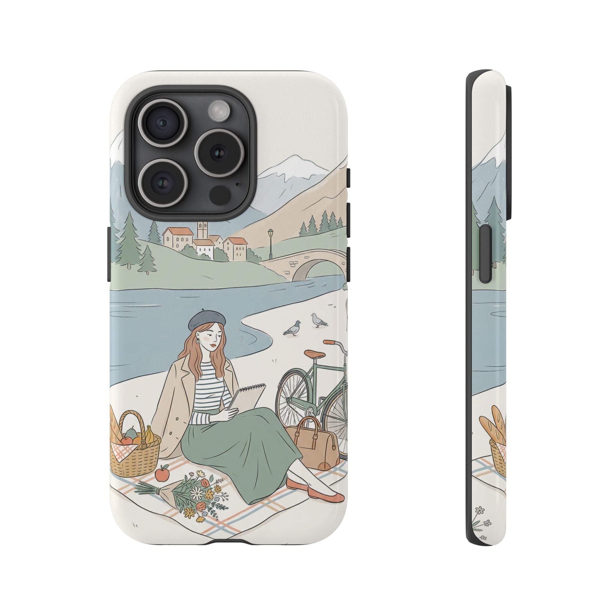 Scenic Picnic iPhone Case | Vintage Bicycle & Mountain Illustration