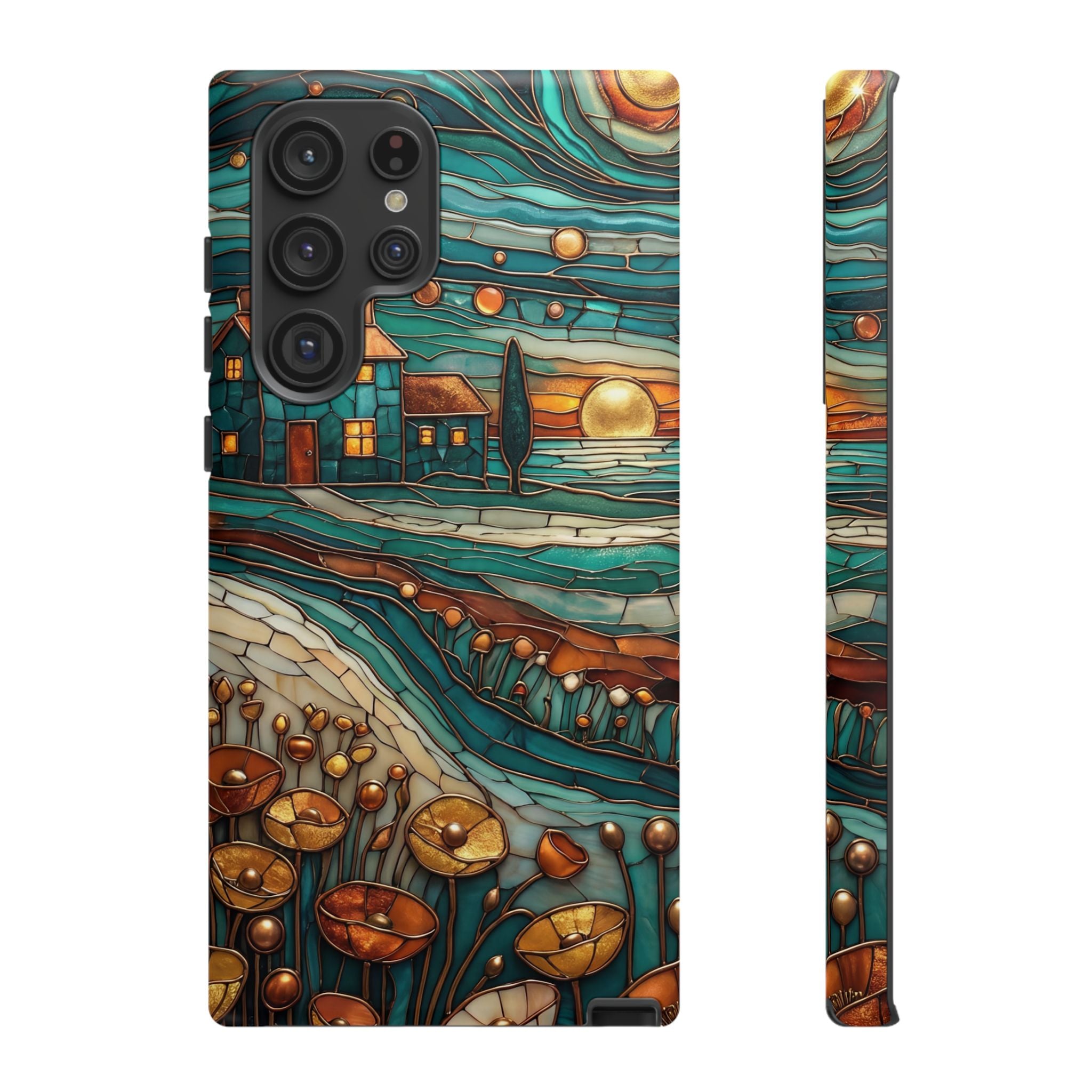 Artistic Sunset Cottage Samsung Galaxy Case | Whimsical Floral Landscape Protective Cover