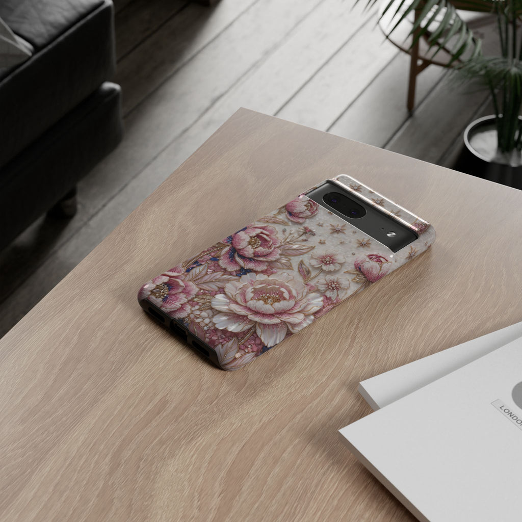 Custodia per telefono Google Pixel "Floral Moon Tough" | Cover protettiva in Peonia Rosa Vintage