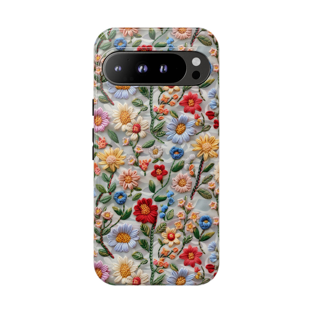 Floral Embroidered Pattern Tough Google Pixel Case — Colourful Daisy & Wildflower Design