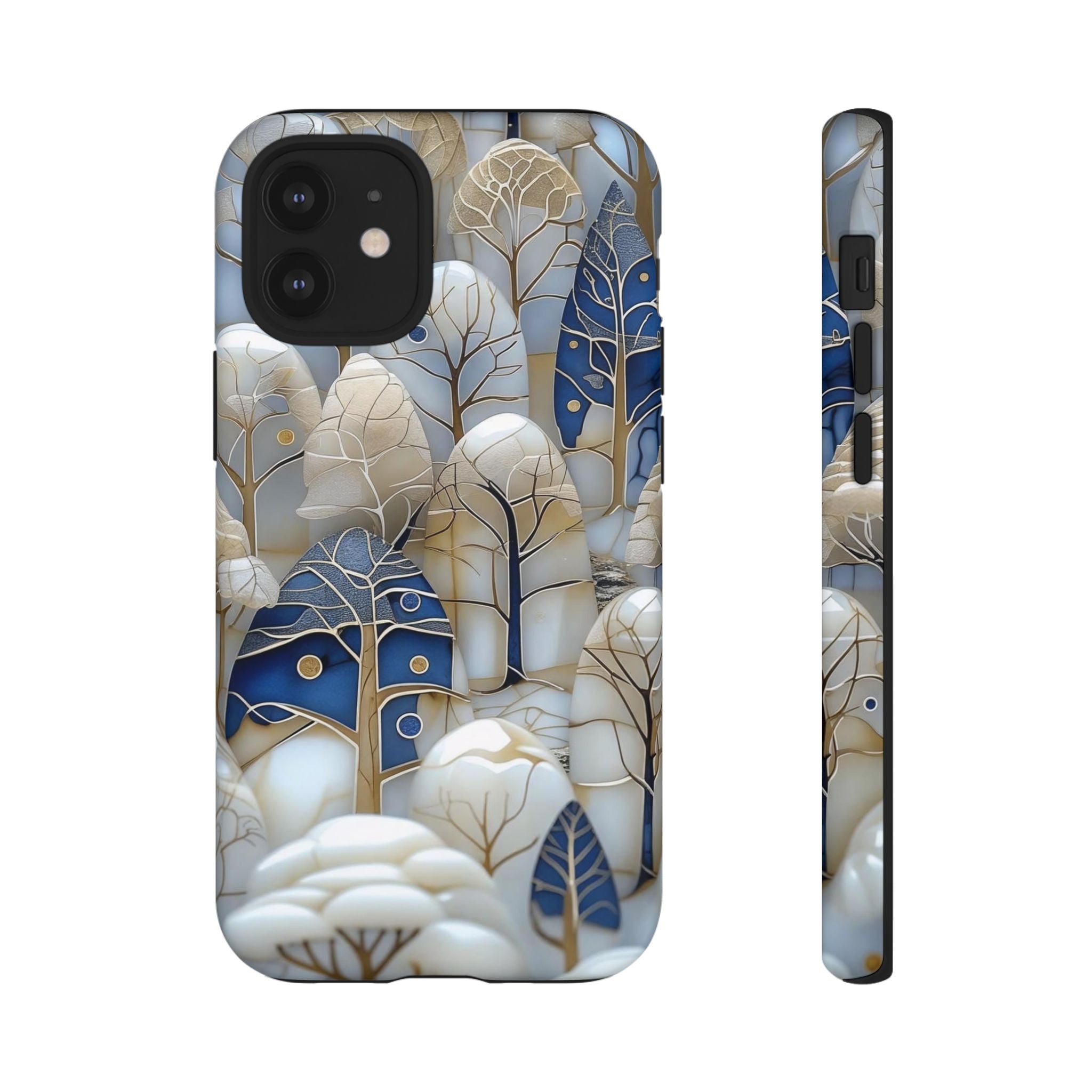 Blue Gold Winter Forest iPhone Case — Elegant Tree Pattern Tough Case