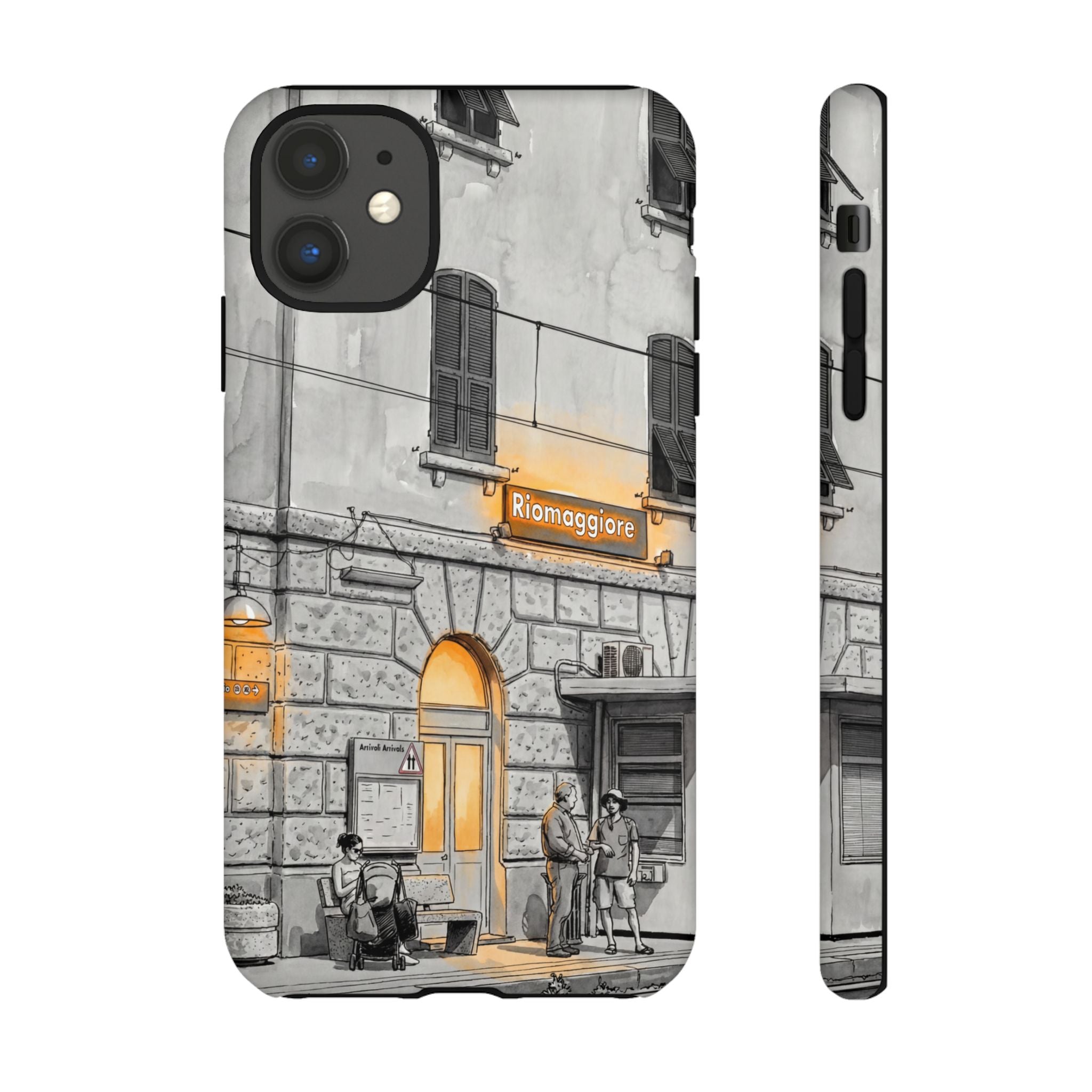 Cinque Terre Train Station iPhone Case | Black & White Sketch with Warm Yellow Accents