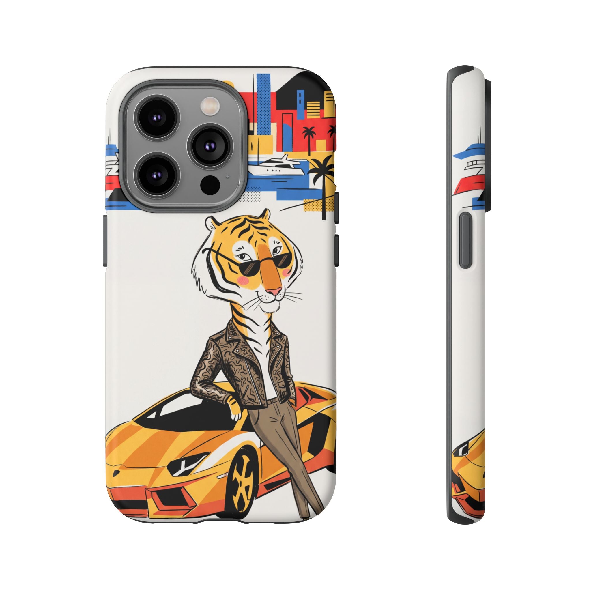 Stylish Tiger with Sports Car Illustration iPhone Case