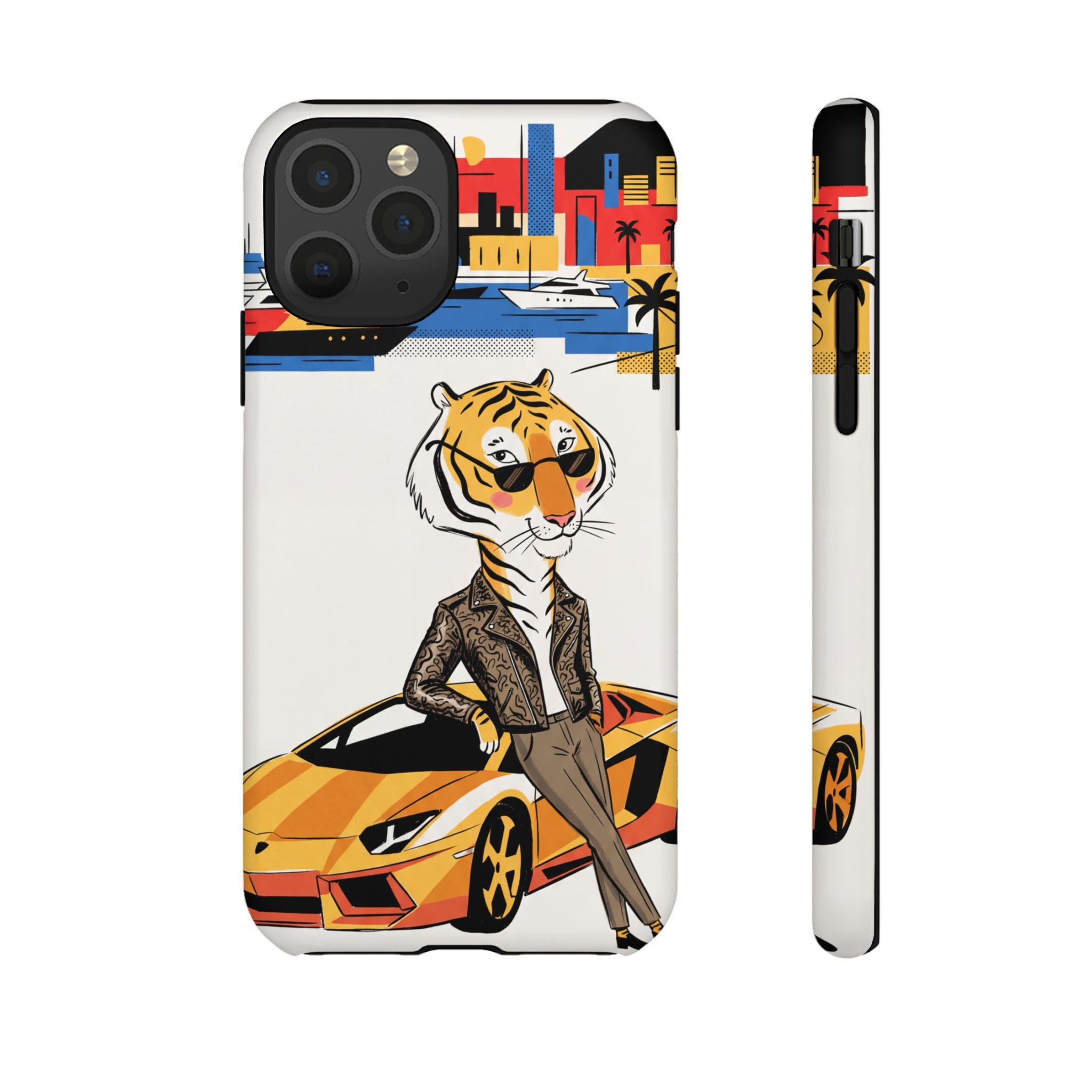 Stylish Tiger with Sports Car Illustration iPhone Case