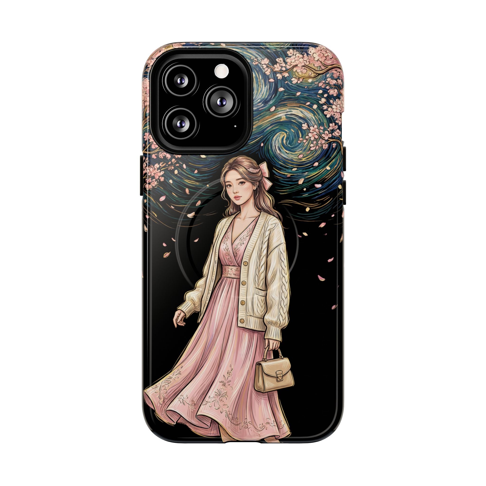 Floral Starry Night MagSafe iPhone Case | Elegant Girl in Pink Dress