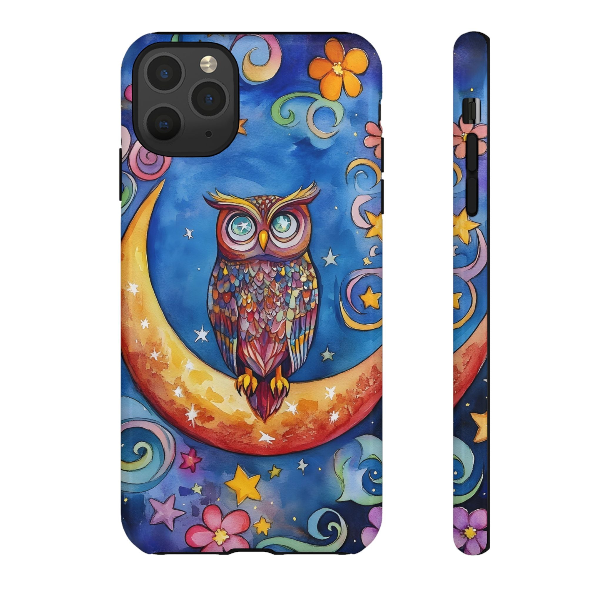 Owl on Crescent Moon iPhone Case — Colourful Whimsical Night Sky Design