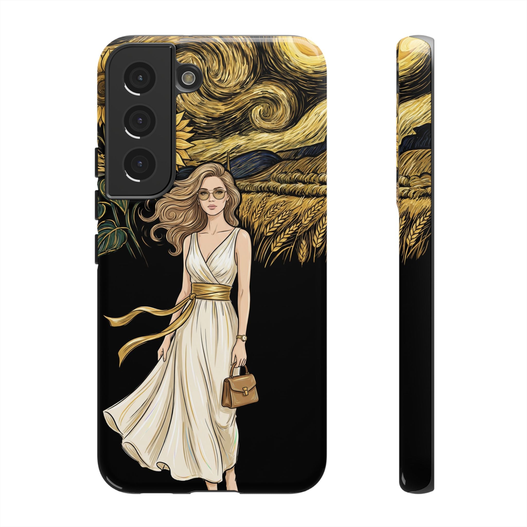 Sunflower Night Samsung Galaxy Phone Case | Woman in Flowing Dress Van Gogh Style