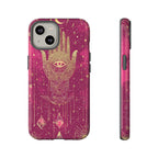 Mystic Hamsa iPhone Case | Gold Palm & All-Seeing Eye on Magenta Galaxy