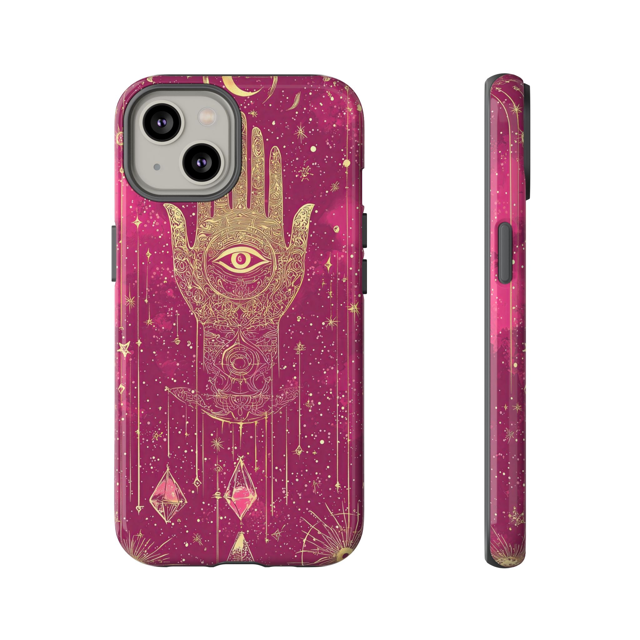 Mystic Hamsa iPhone Case | Gold Palm & All-Seeing Eye on Magenta Galaxy