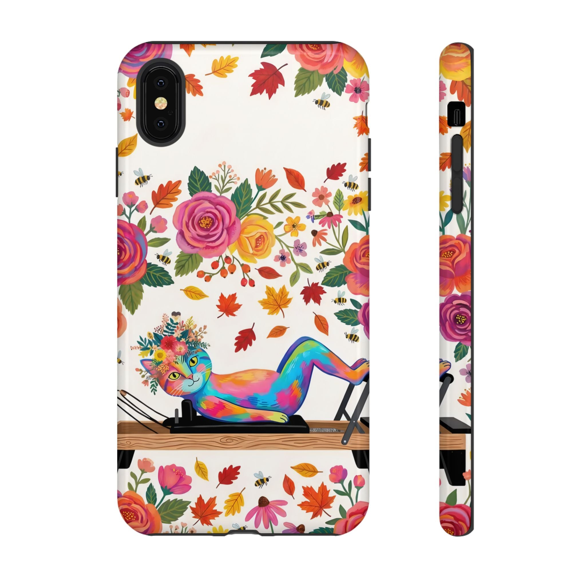 Autumn Floral Pilates iPhone Case | Colorful Rainbow Pilates Cat on Falling Leaves