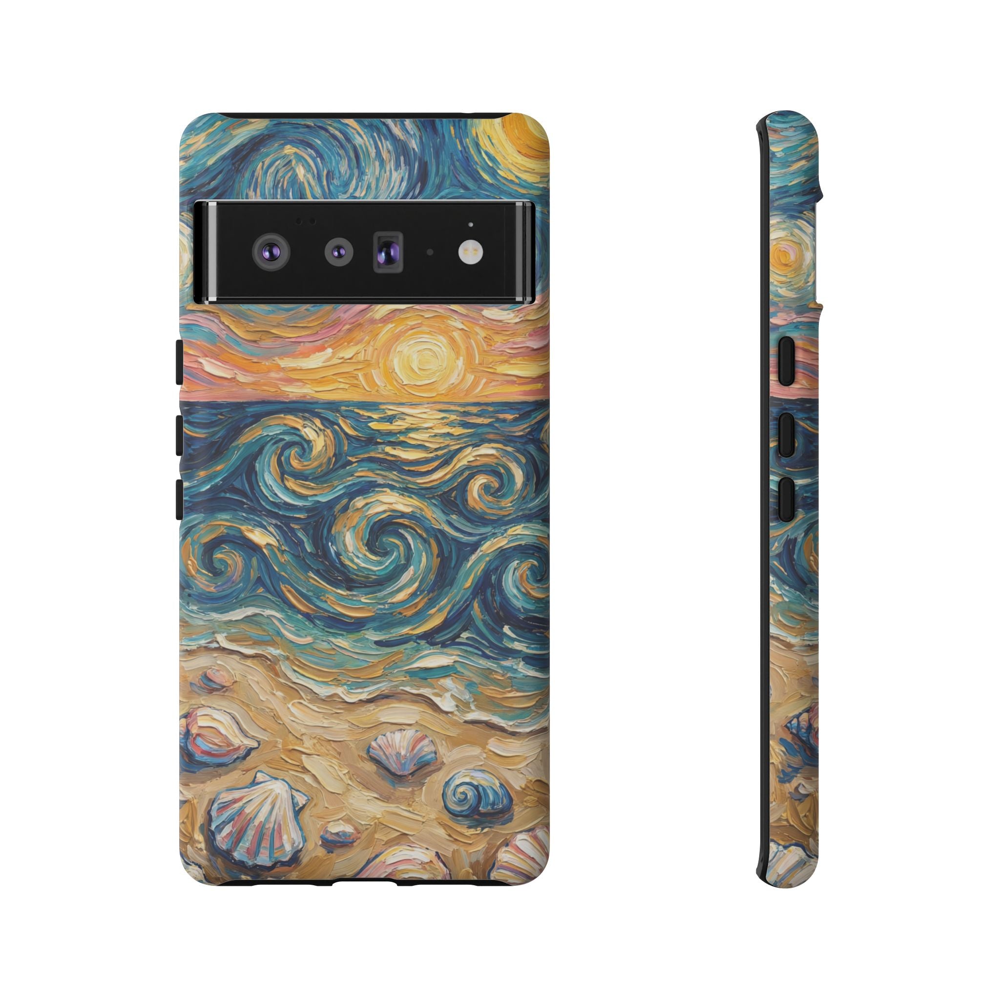 Sea Sunset Google Pixel Case — Van Gogh‑Style Beach Waves with Shells