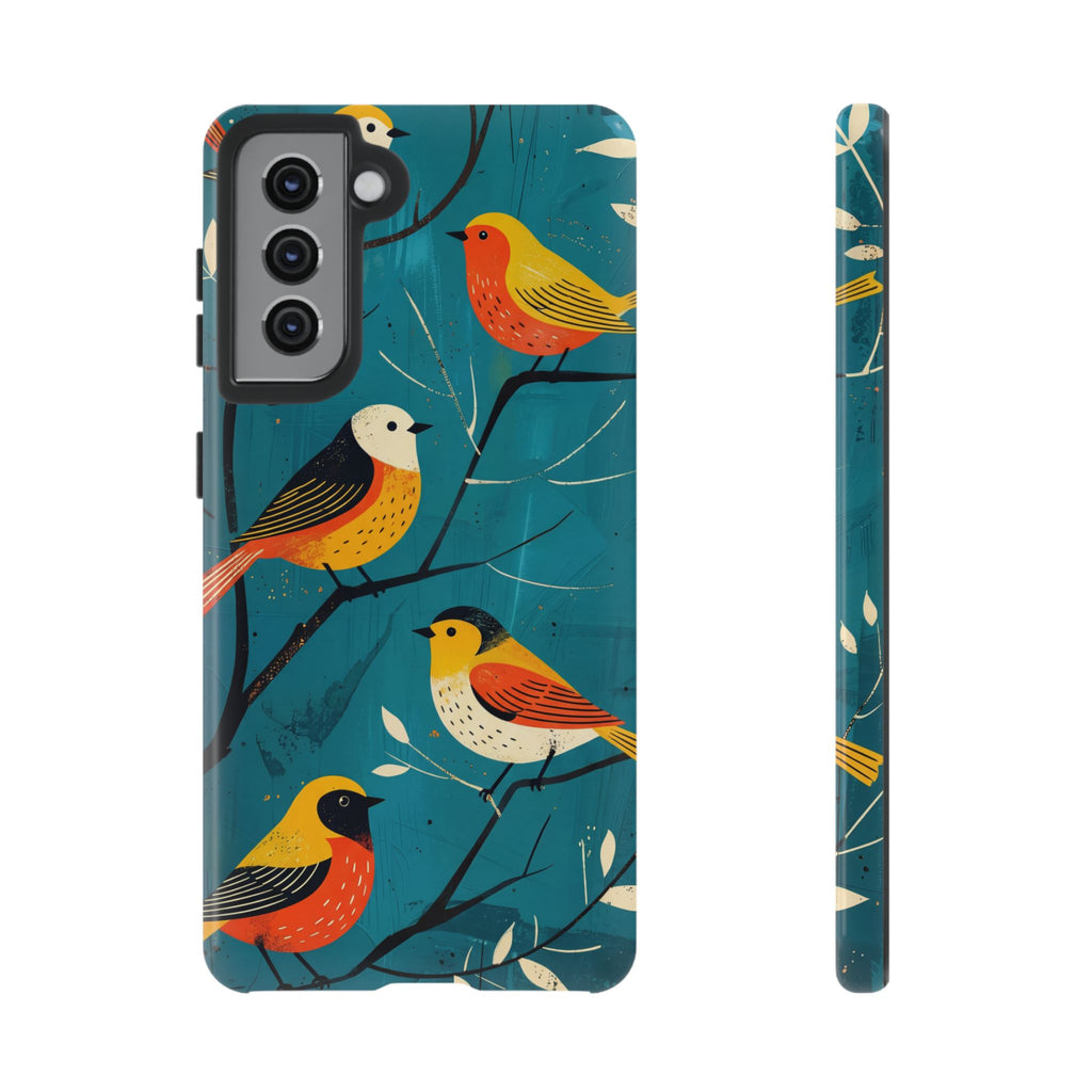 Bird Pattern Tough Samsung Galaxy Phone Case | Colourful Songbirds on Teal Background