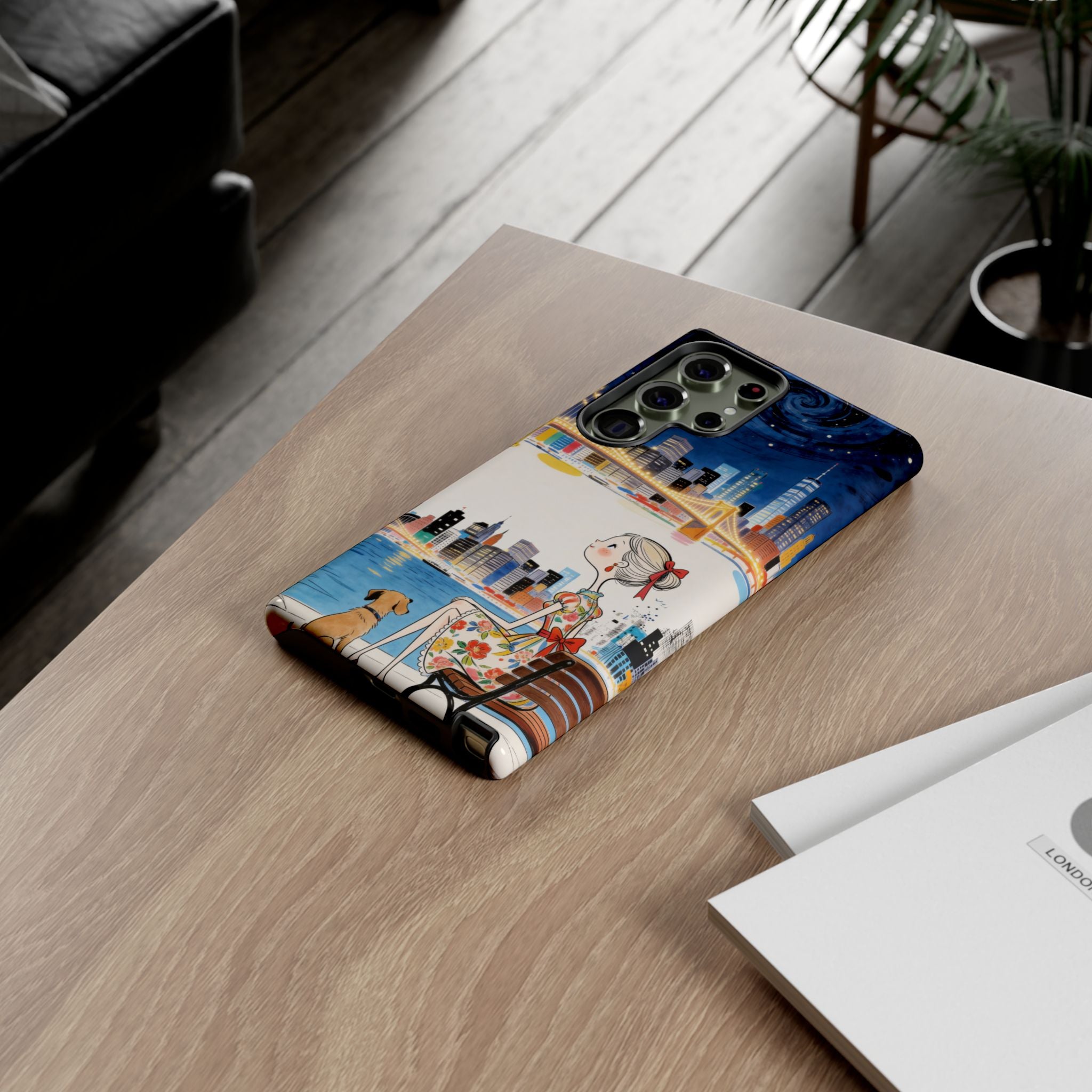 City Night Samsung Galaxy Phone Case | Cute Girl & Dog Bench Illustration