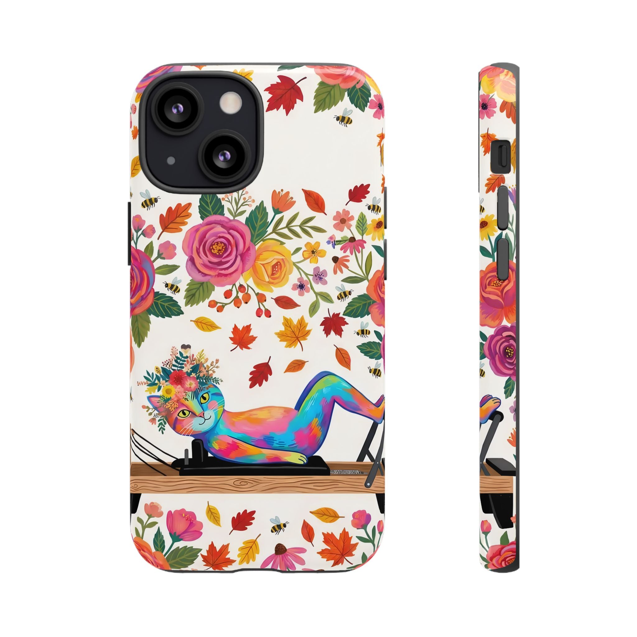 Autumn Floral Pilates iPhone Case | Colorful Rainbow Pilates Cat on Falling Leaves