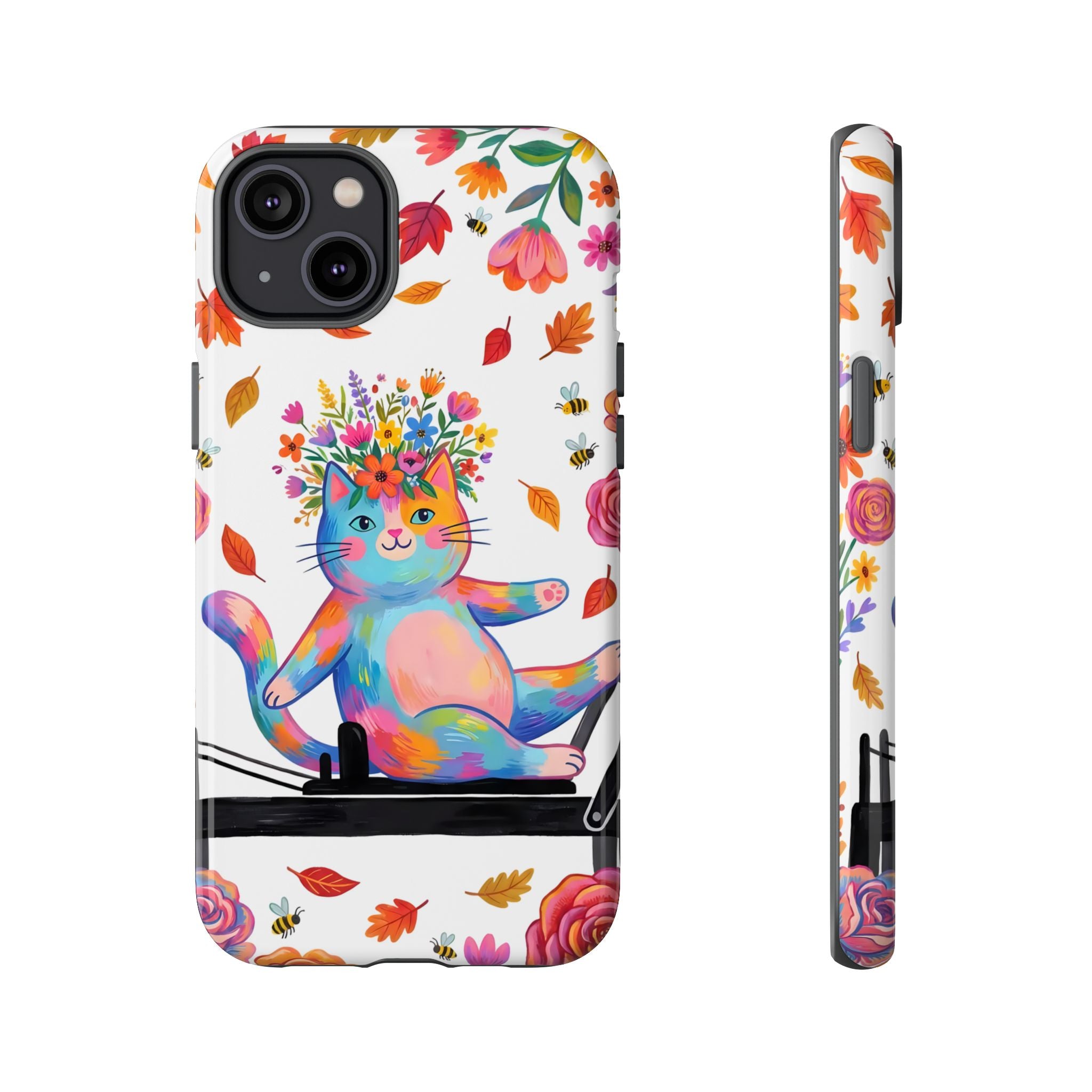 Colorful Floral Cat on Pilates Reformer Protective iPhone Case
