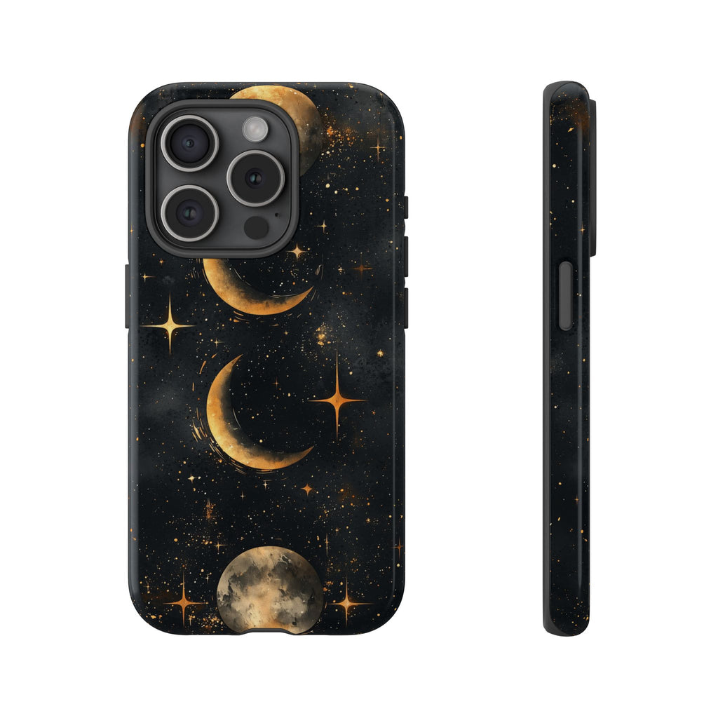 Celestial Moon Phases Tough iPhone Case | Gold Crescent & Full Moon Galaxy Design
