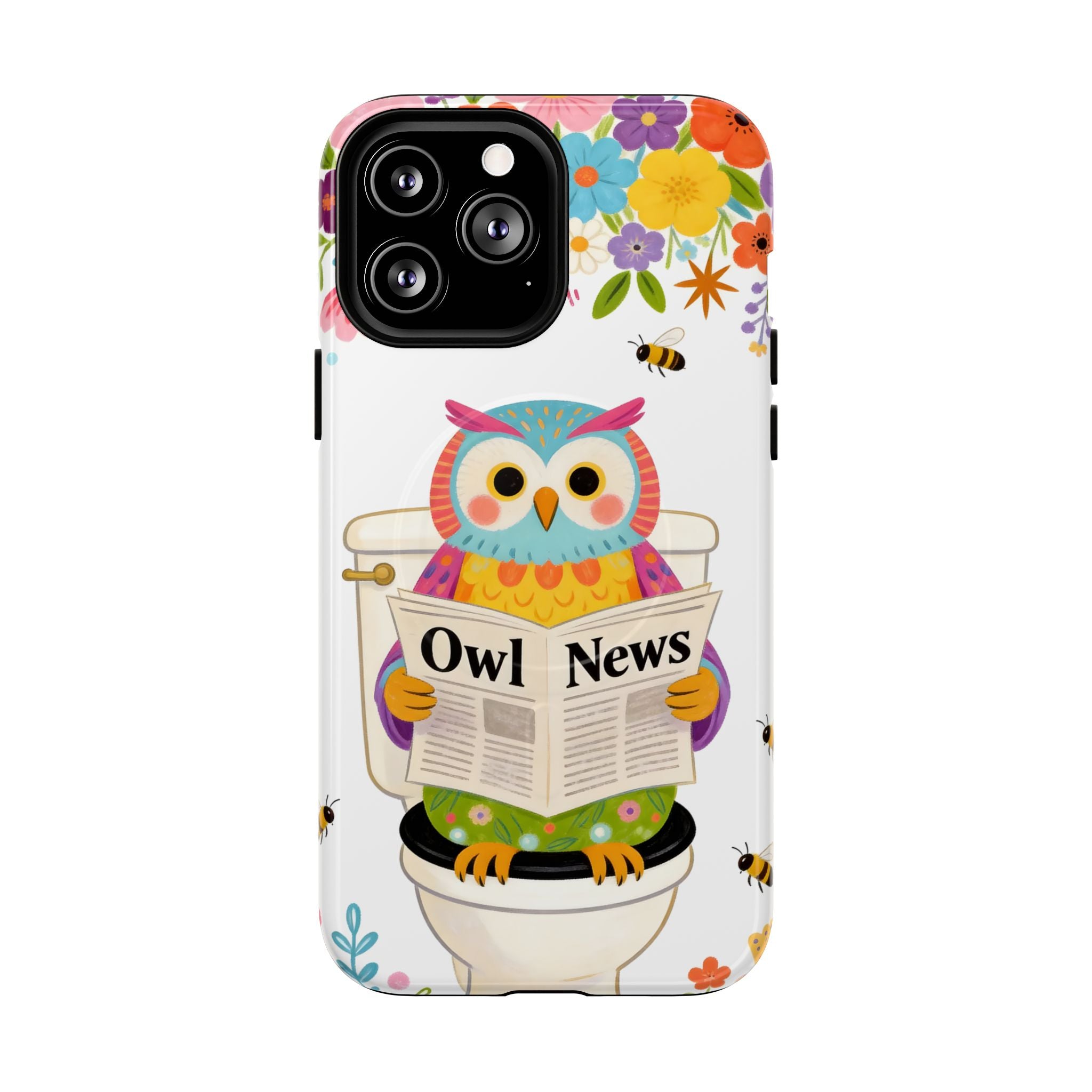 Owl News Floral MagSafe iPhone Case | Cute Owl Reading Newspaper on Toilet